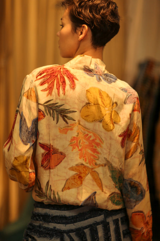 SILK BLOCK PRINT BOMBER JACKET ANCHA PRESSED FLOWERS