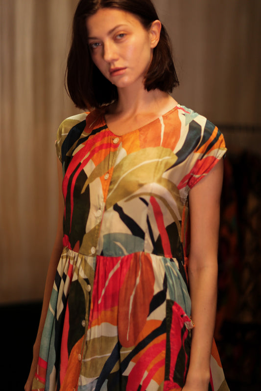 EDITH SILK DRESS COLOURED LEAVES