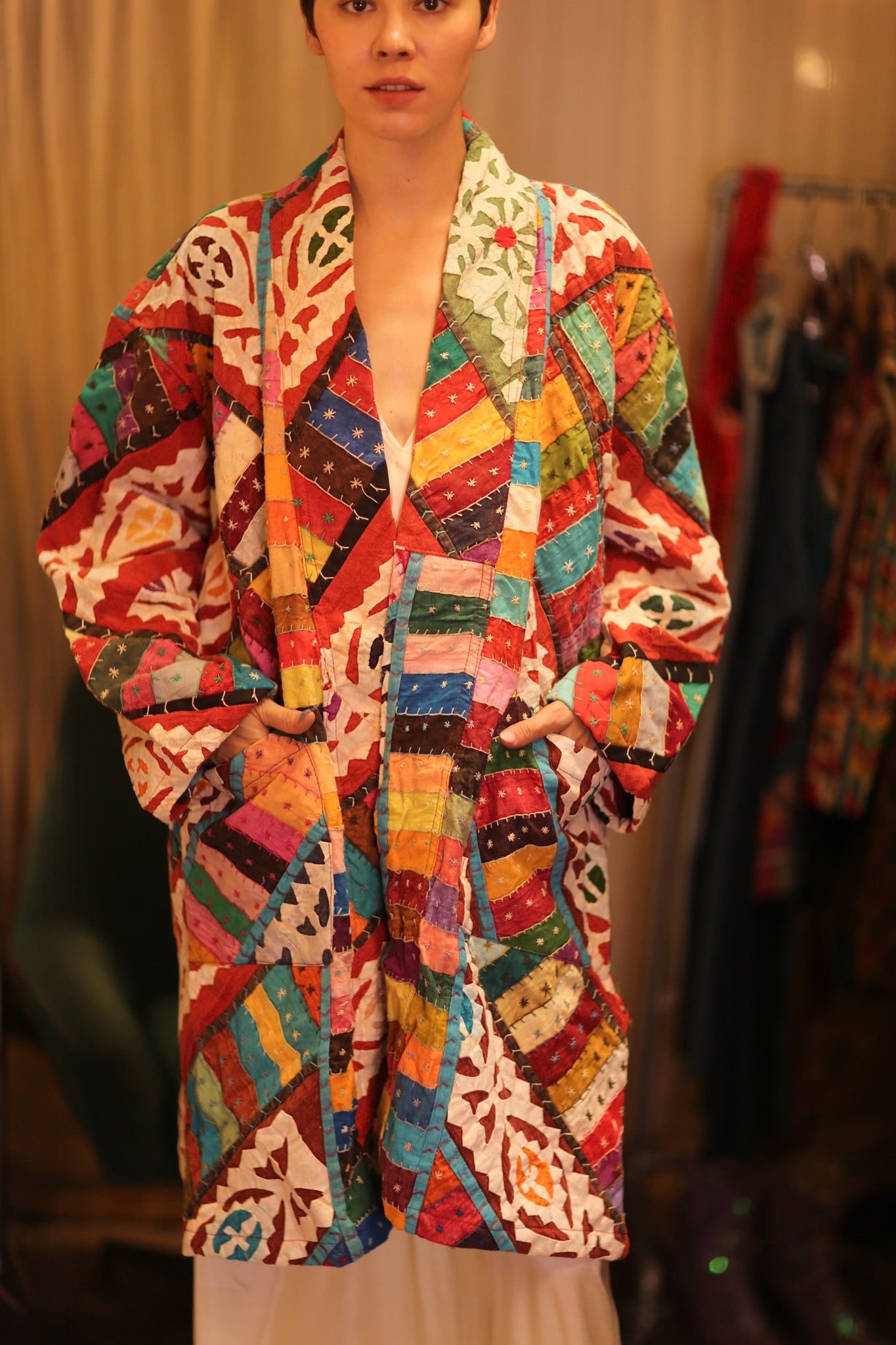 PATCHWORK PATTERN KANTHA LONG KIMONO RAINBOW