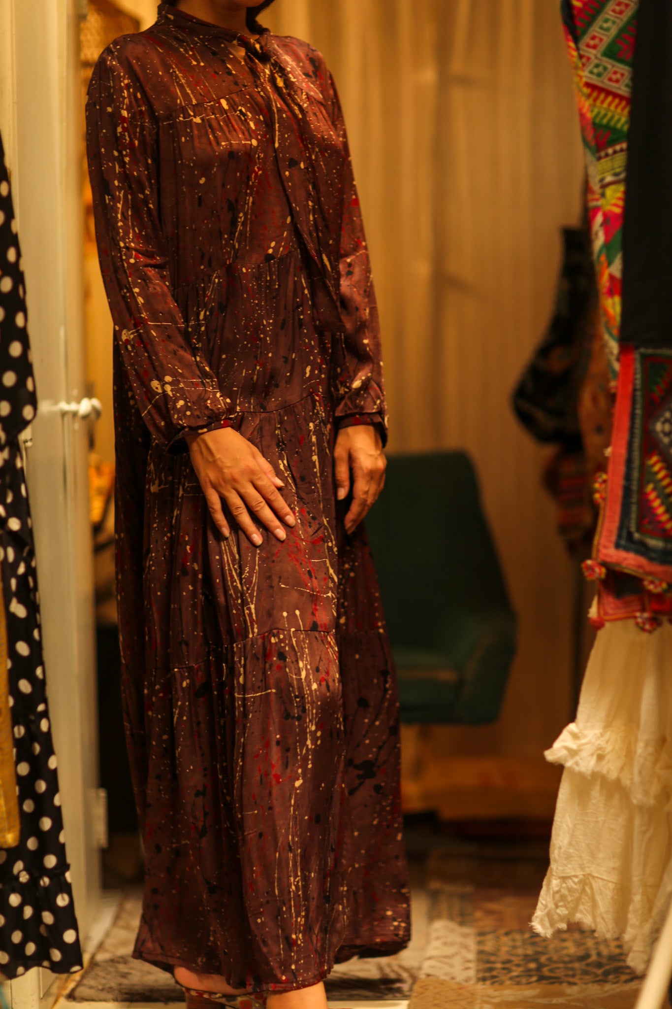 LOA SILK BUTTONED DRESS BURGUNDY POLLOCK