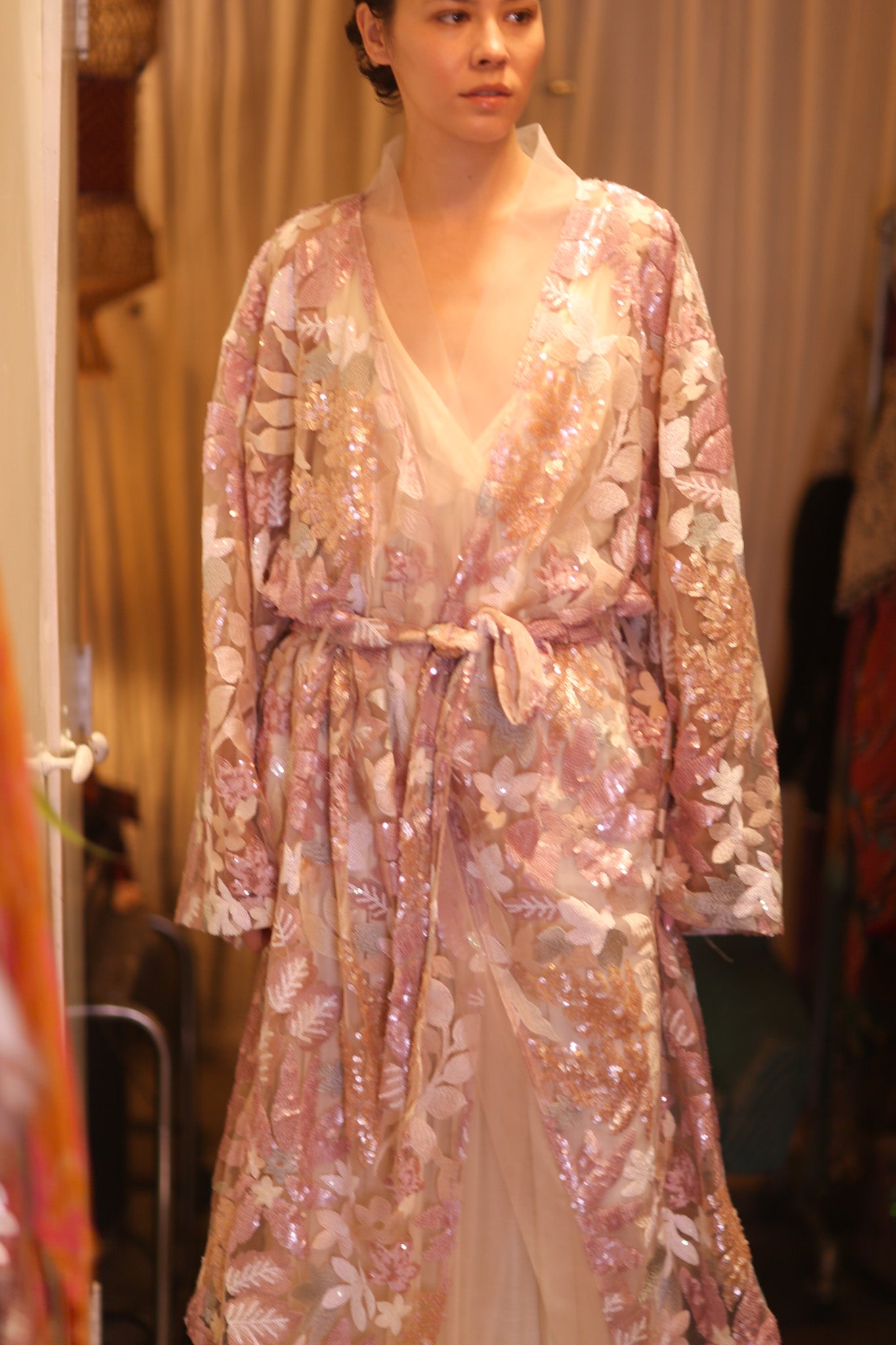 EMBROIDERED SILK LONG KIMONO ATOM