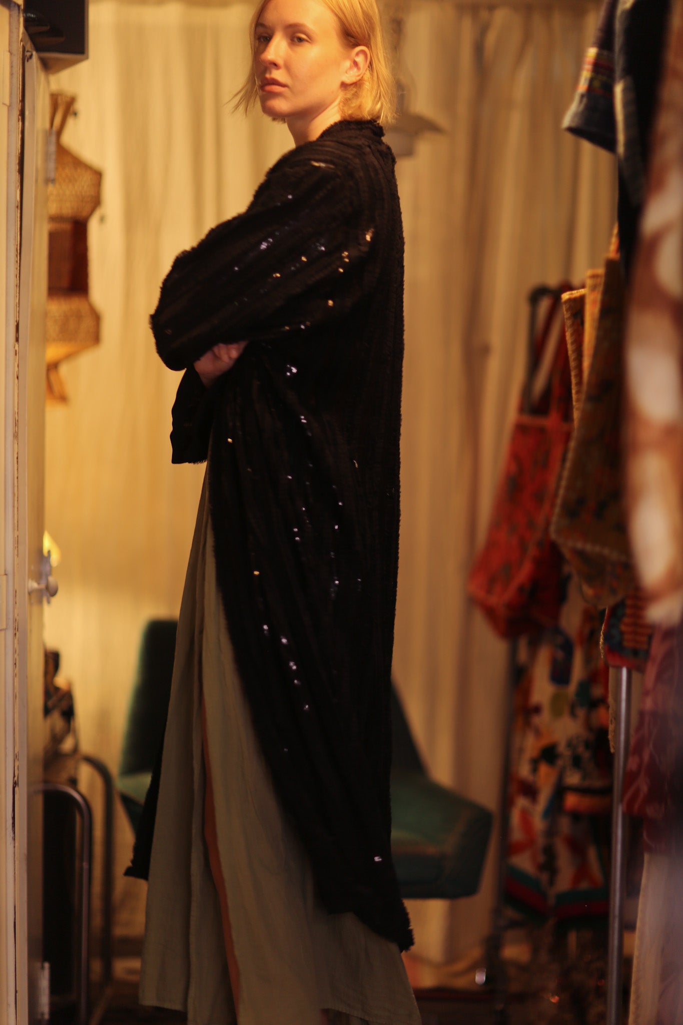 MARIANNE LONG SEQUINED KIMONO PITCH BLACK