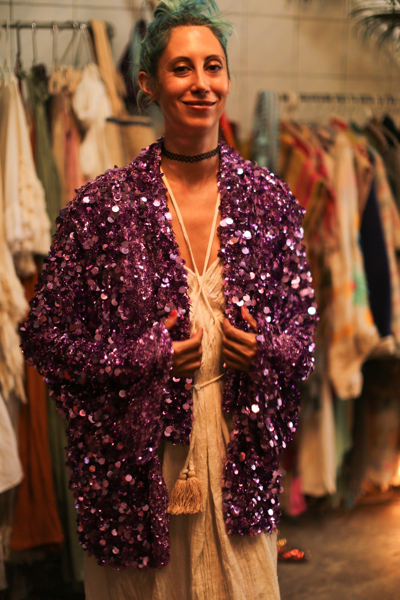 PURPLE SEQUIN EMBROIDERED KIMONO