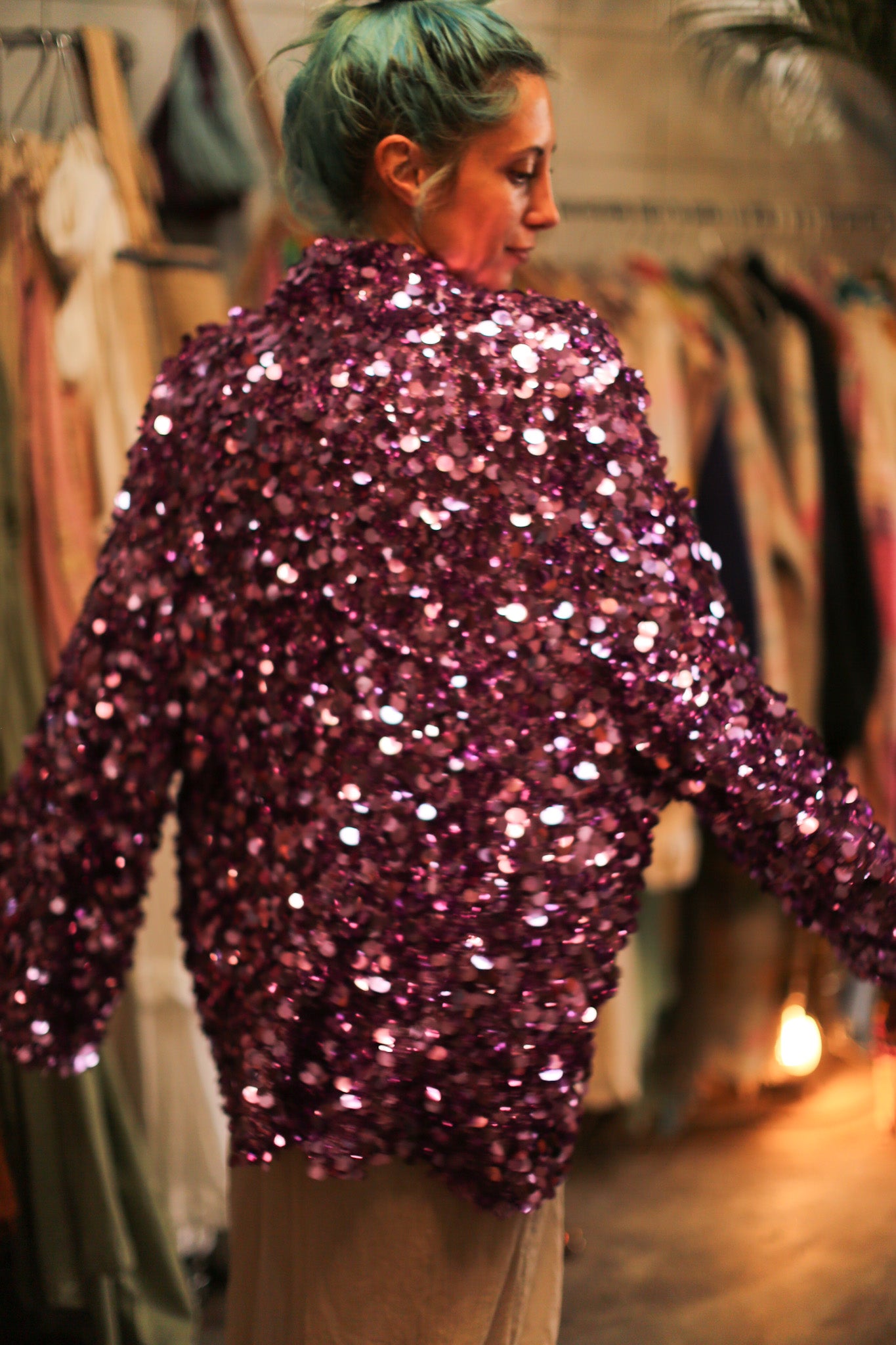 PURPLE SEQUIN EMBROIDERED KIMONO