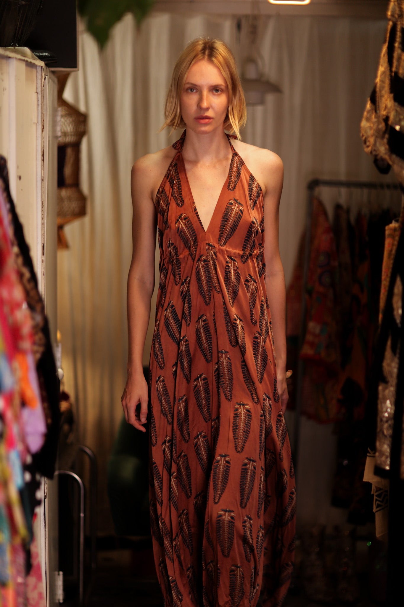 HANNAH SILK DRESS BROWN FEATHER