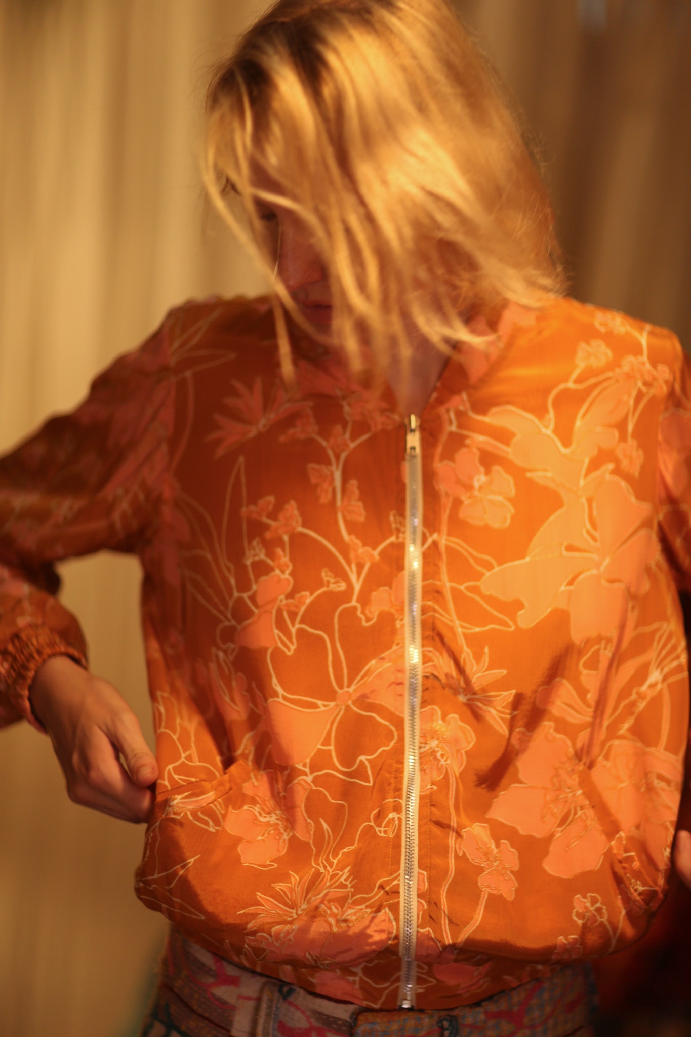 ANCHA SILK BOMBER JACKET ORANGE FLOWER