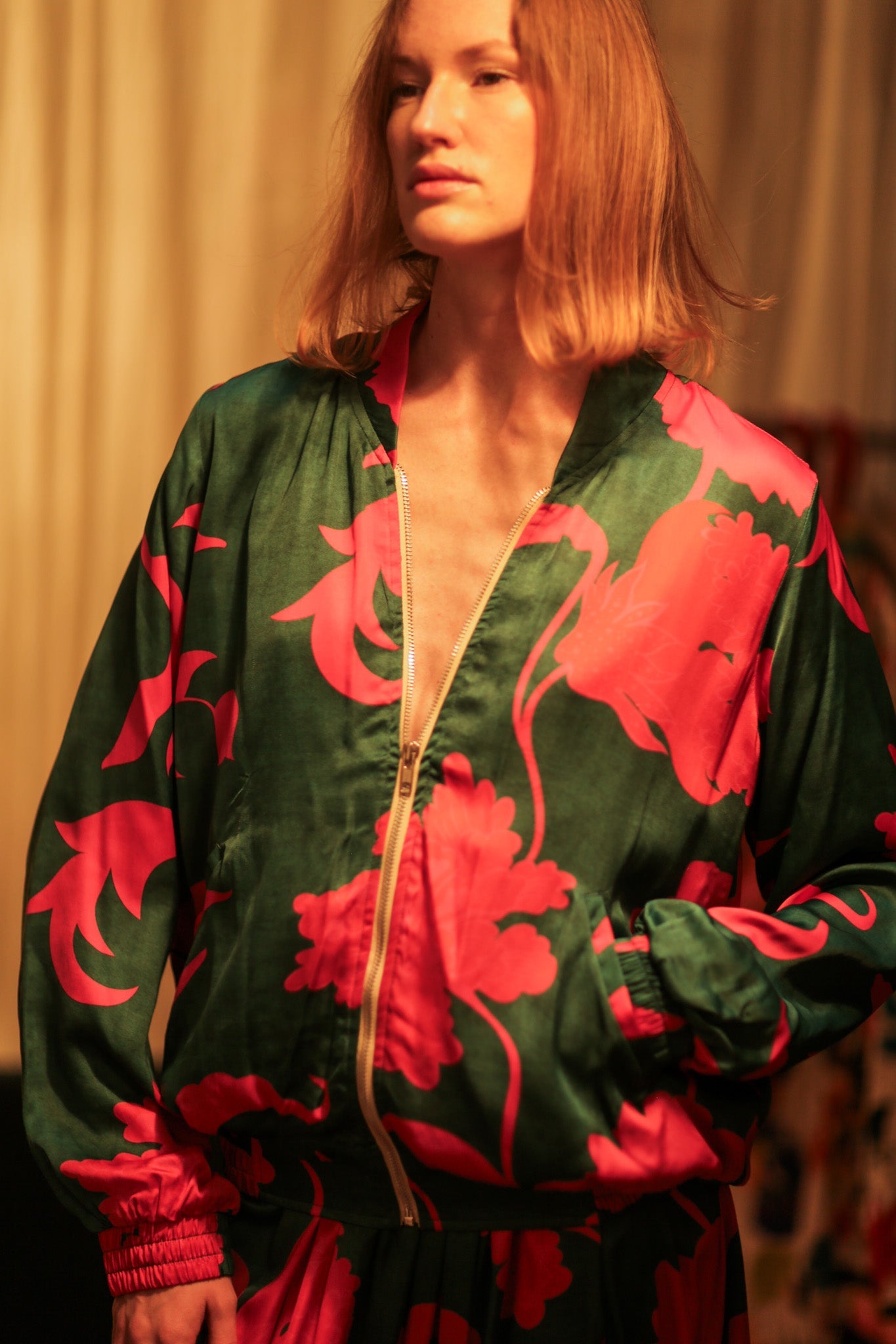 ANCHA SILK BOMBER PINK VINES - BANGKOK TAILOR CLOTHING STORE - HANDMADE CLOTHING