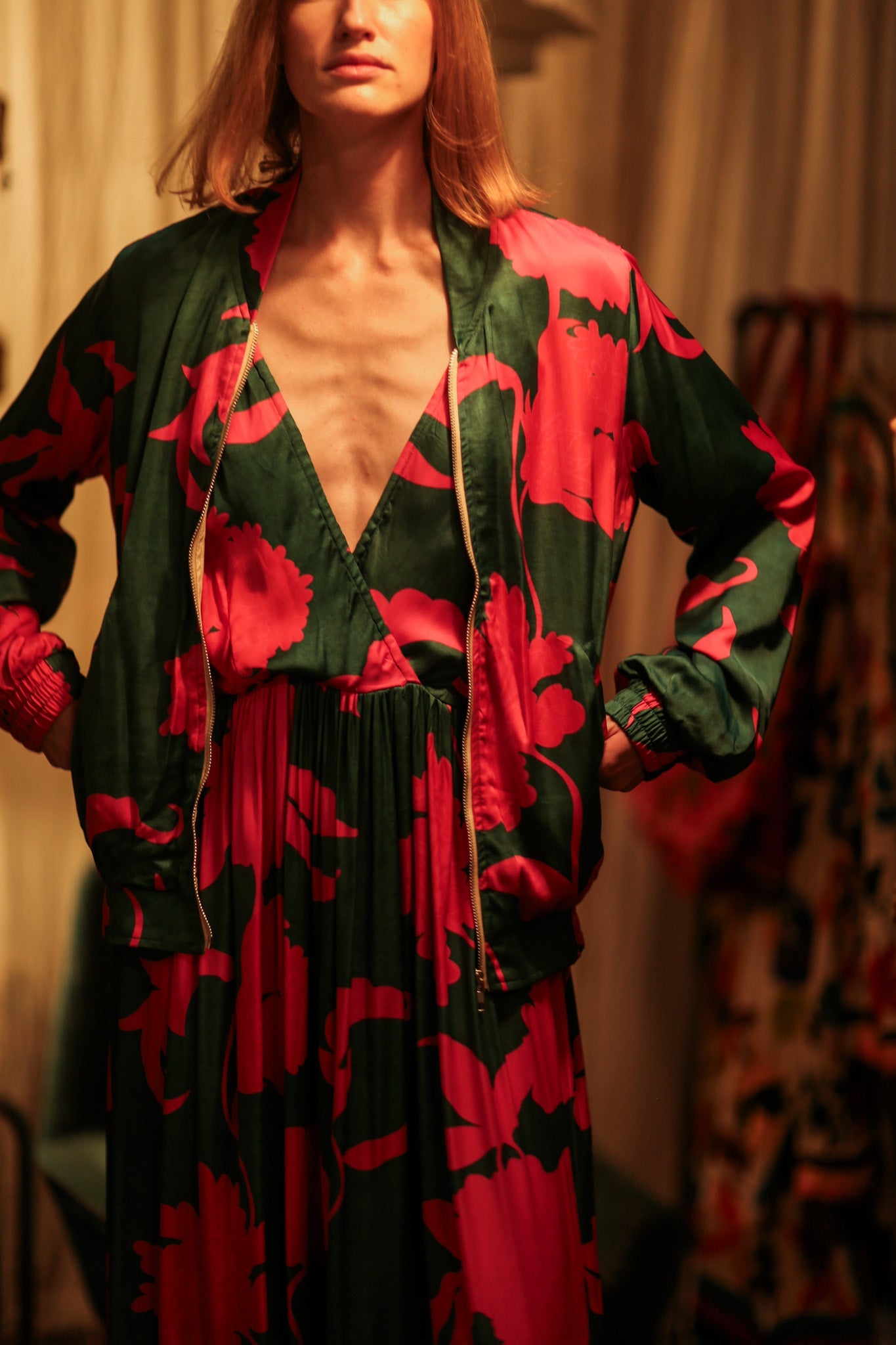 ANCHA SILK BOMBER PINK VINES - BANGKOK TAILOR CLOTHING STORE - HANDMADE CLOTHING