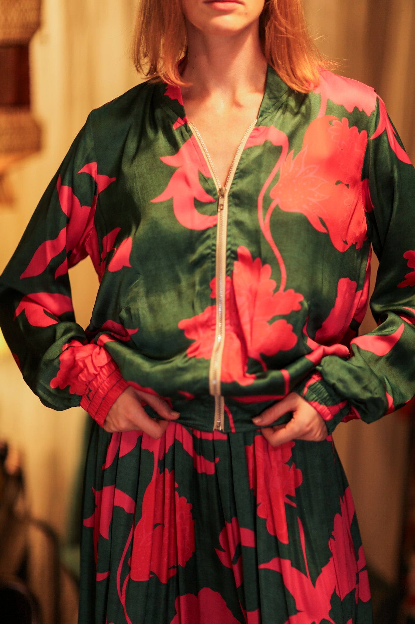 ANCHA SILK BOMBER PINK VINES - BANGKOK TAILOR CLOTHING STORE - HANDMADE CLOTHING