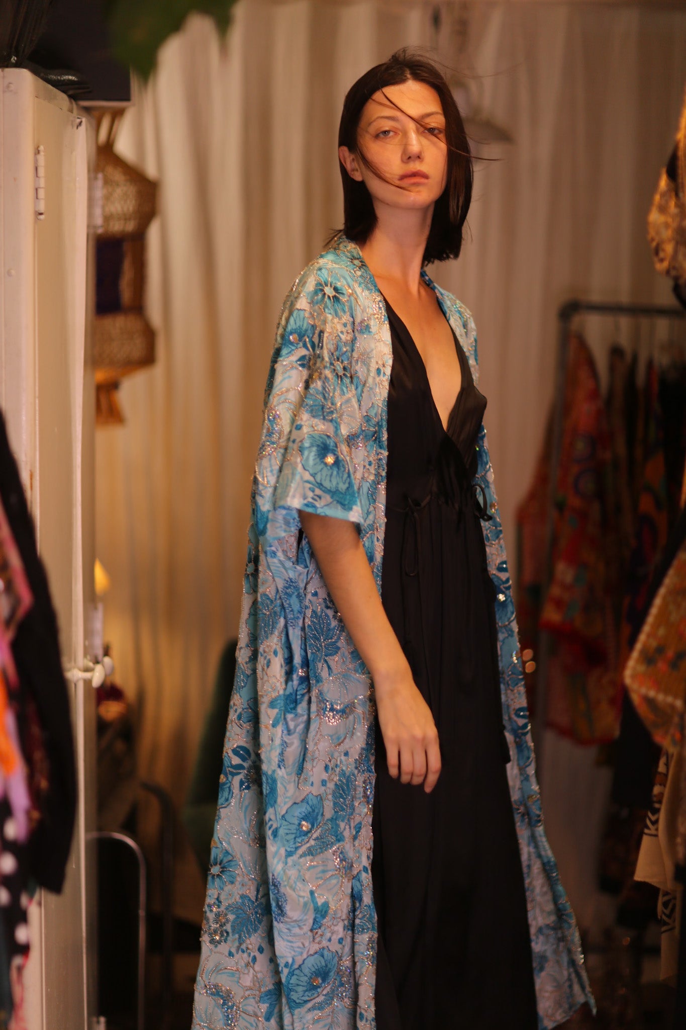 ANDREA EMBROIDERED KIMONO SKY BLUE - BANGKOK TAILOR CLOTHING STORE - HANDMADE CLOTHING