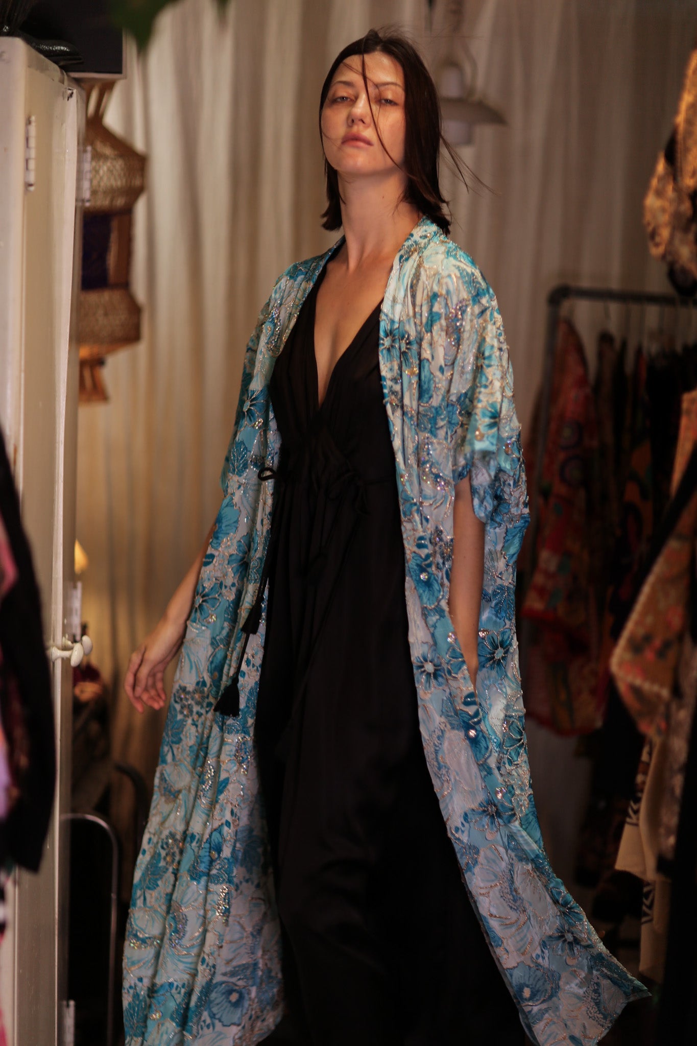 ANDREA EMBROIDERED KIMONO SKY BLUE - BANGKOK TAILOR CLOTHING STORE - HANDMADE CLOTHING