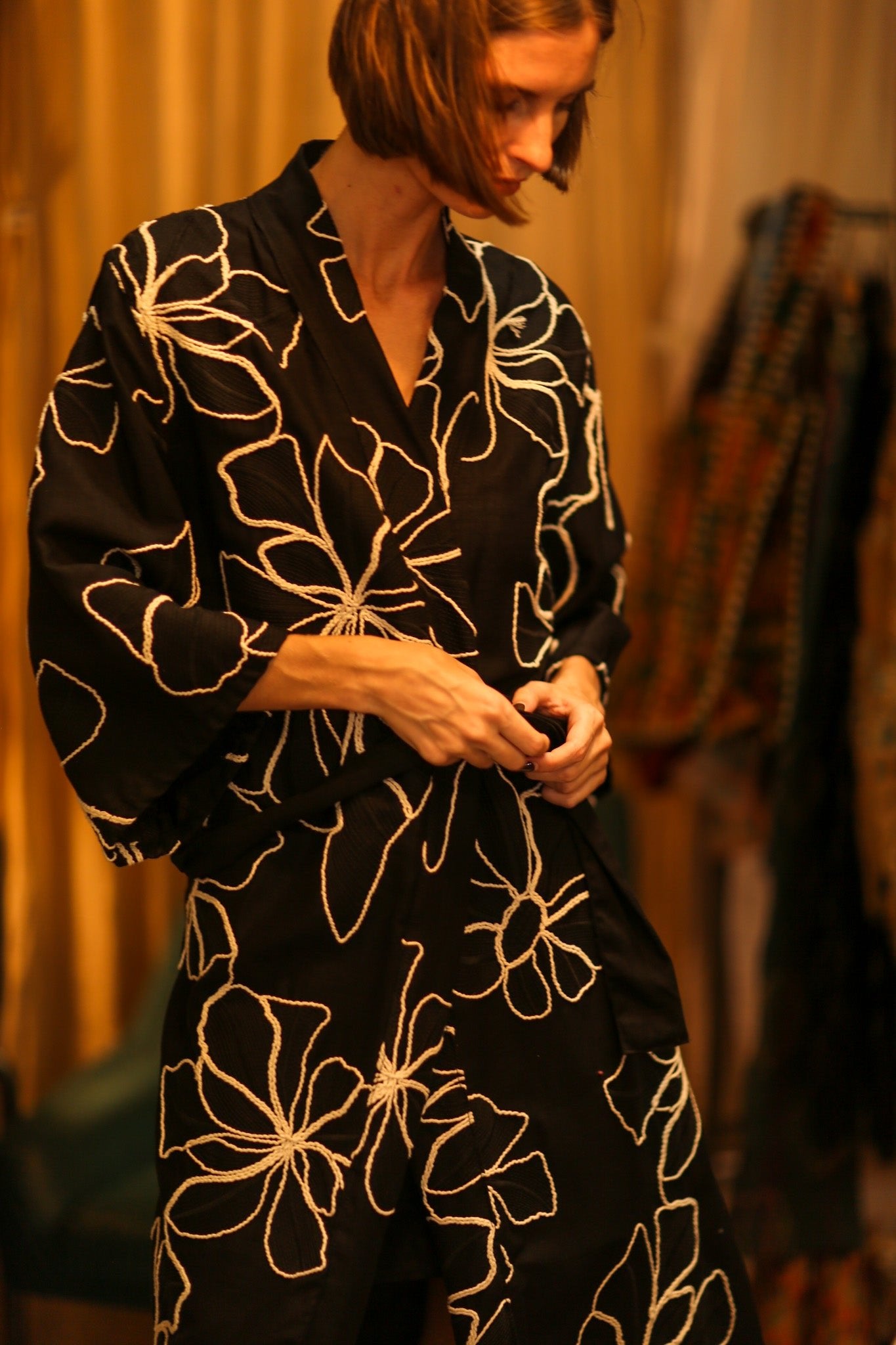 BLACK LINEN EMBROIDERED KIMONO MARIETTA - BANGKOK TAILOR CLOTHING STORE - HANDMADE CLOTHING