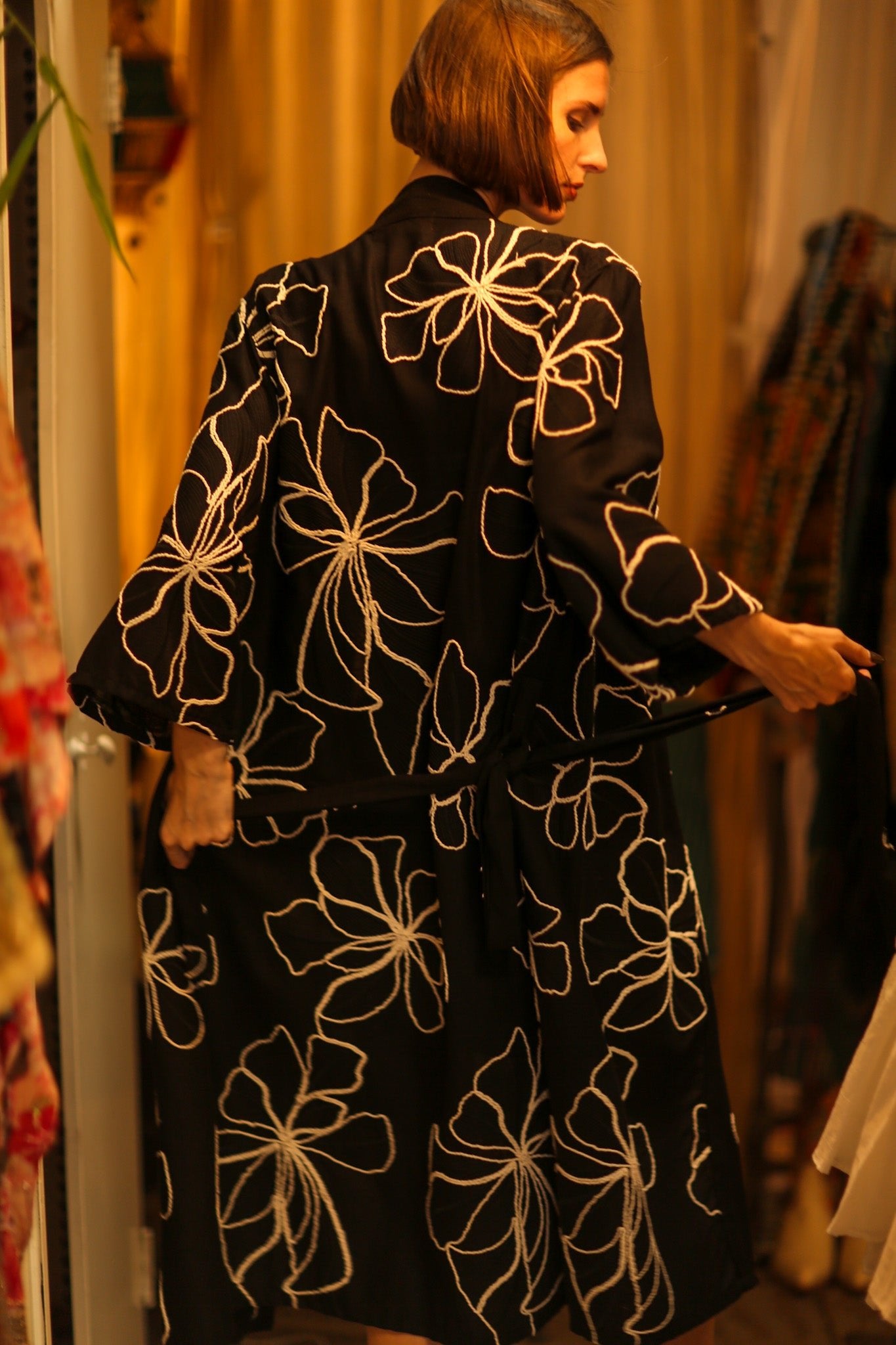 BLACK LINEN EMBROIDERED KIMONO MARIETTA - BANGKOK TAILOR CLOTHING STORE - HANDMADE CLOTHING