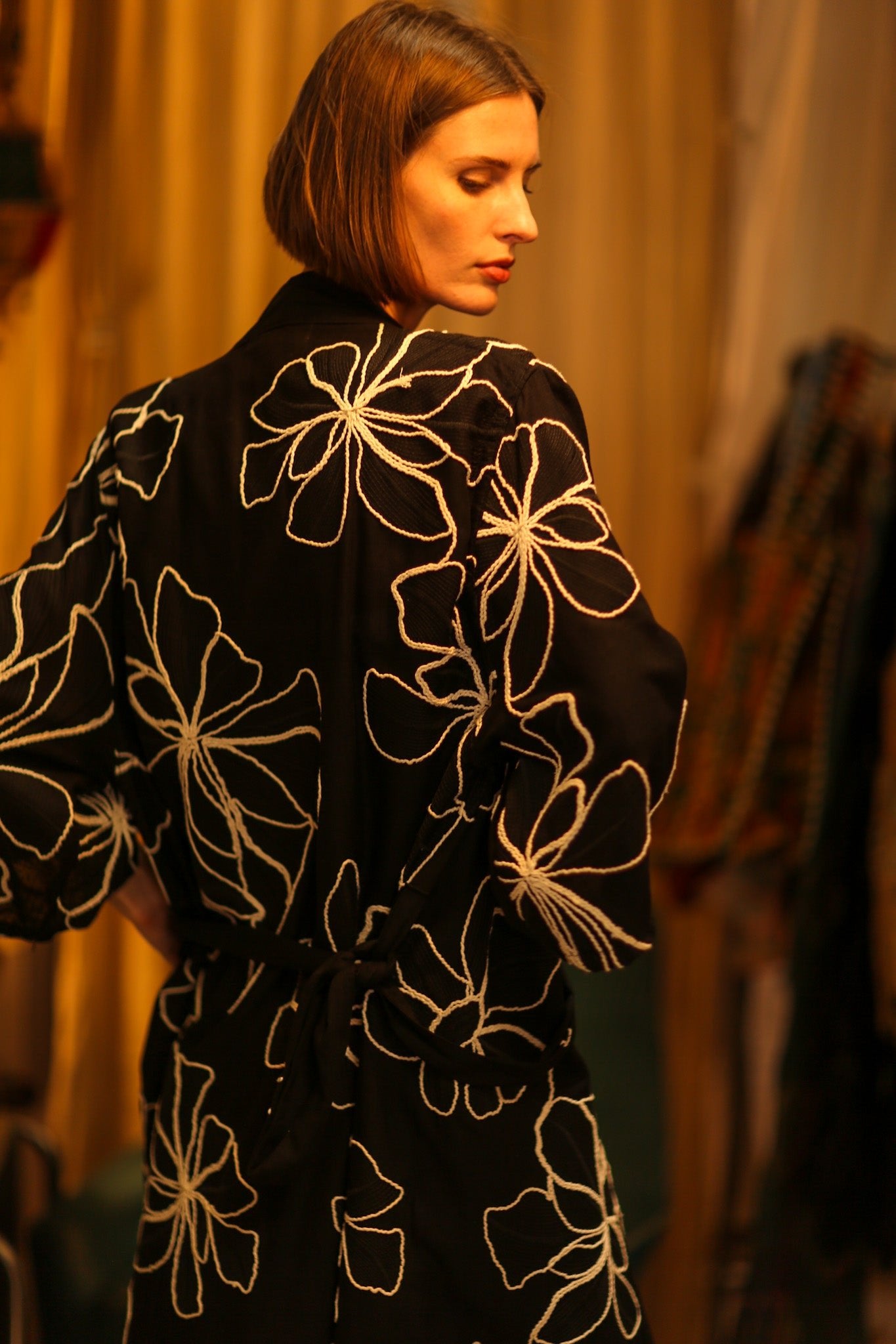 BLACK LINEN EMBROIDERED KIMONO MARIETTA - BANGKOK TAILOR CLOTHING STORE - HANDMADE CLOTHING