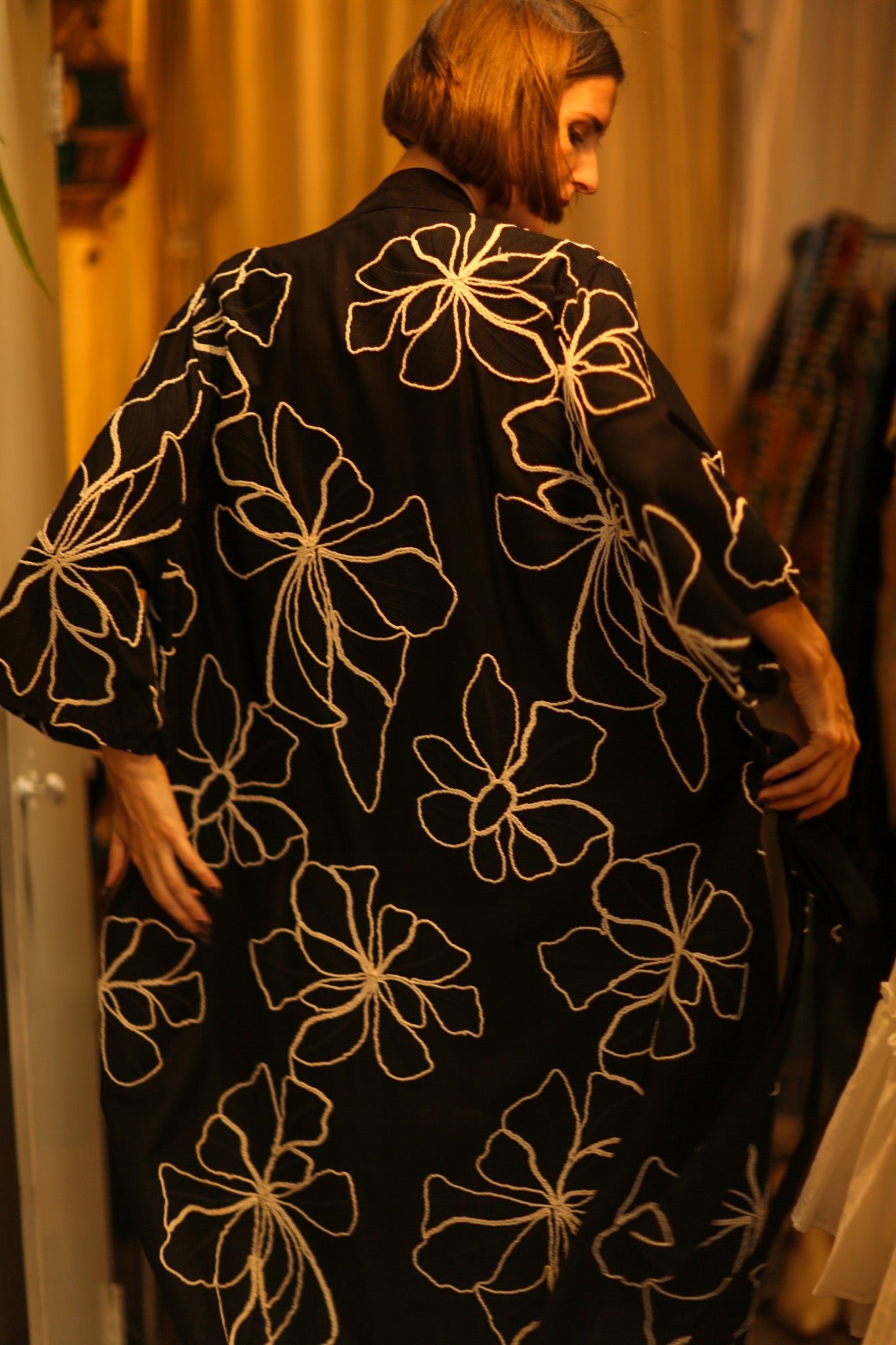 BLACK LINEN EMBROIDERED KIMONO MARIETTA - BANGKOK TAILOR CLOTHING STORE - HANDMADE CLOTHING