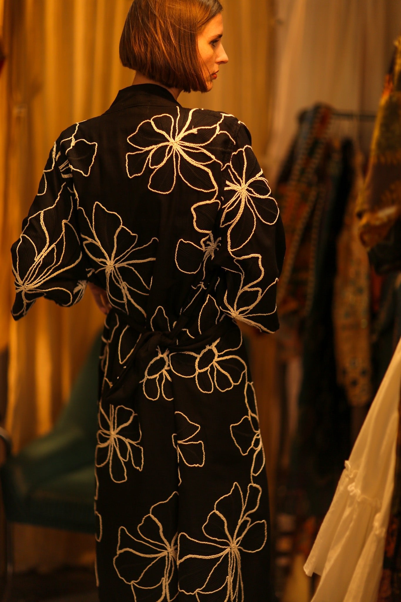 BLACK LINEN EMBROIDERED KIMONO MARIETTA - BANGKOK TAILOR CLOTHING STORE - HANDMADE CLOTHING