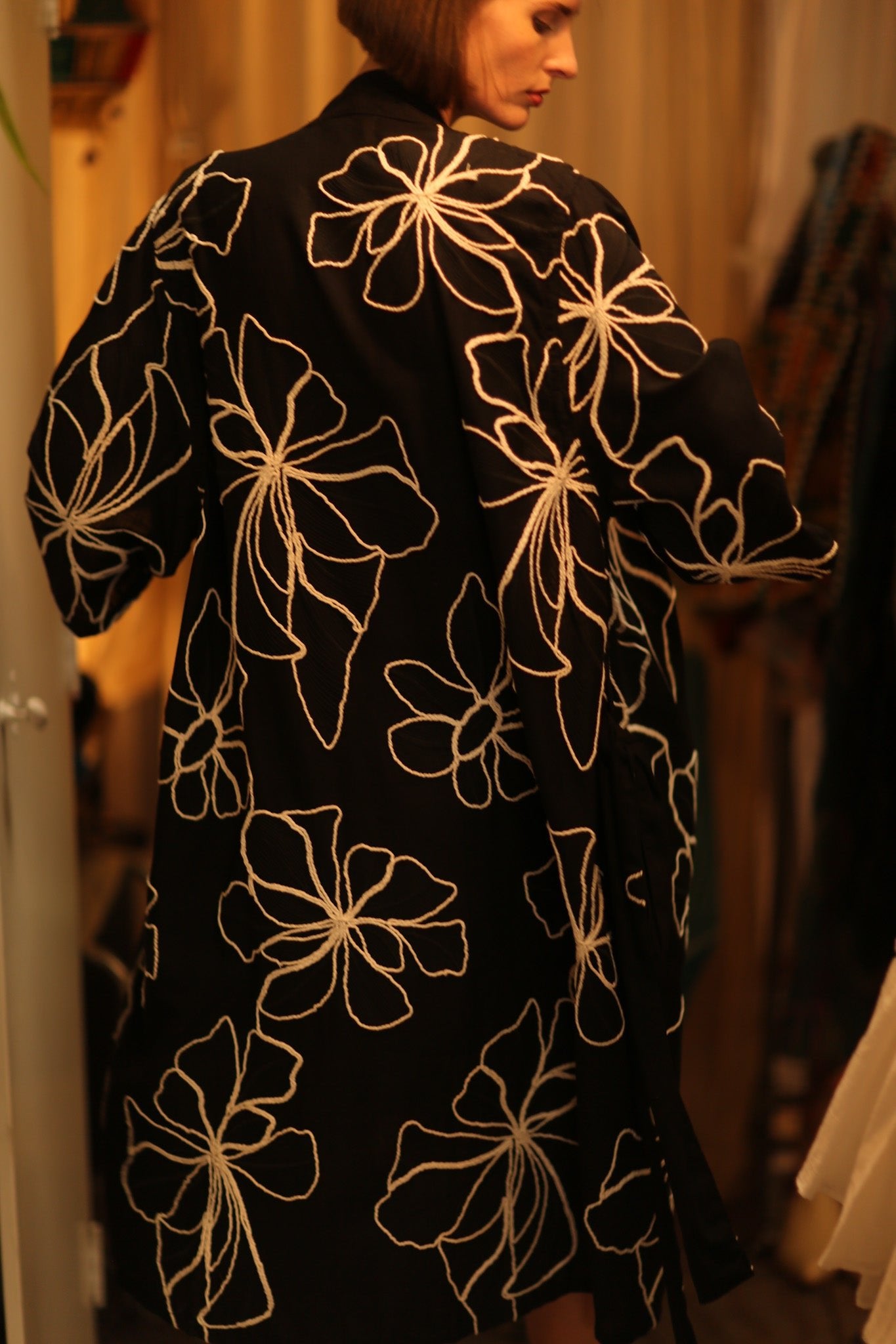 BLACK LINEN EMBROIDERED KIMONO MARIETTA - BANGKOK TAILOR CLOTHING STORE - HANDMADE CLOTHING