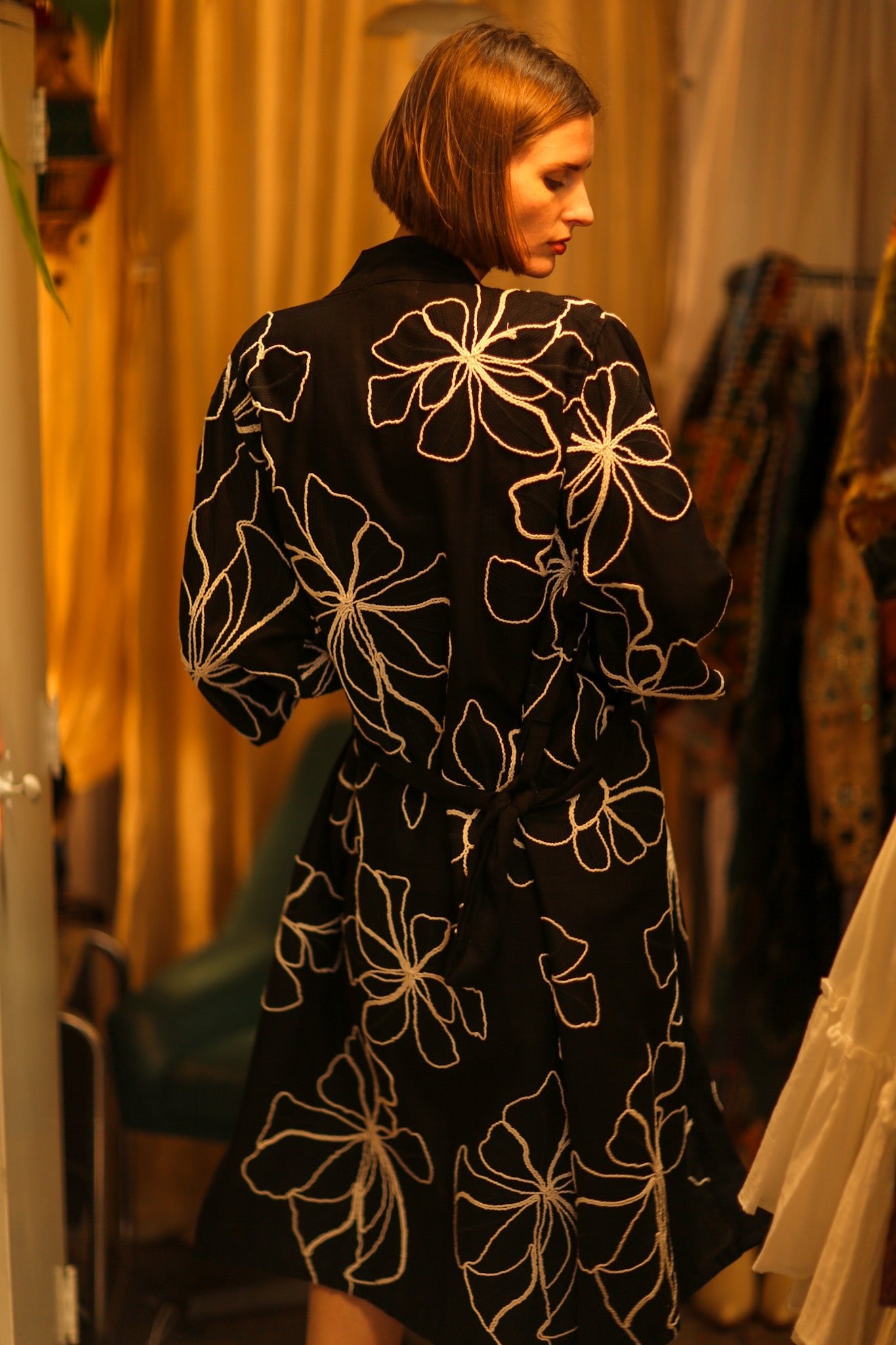 BLACK LINEN EMBROIDERED KIMONO MARIETTA - BANGKOK TAILOR CLOTHING STORE - HANDMADE CLOTHING