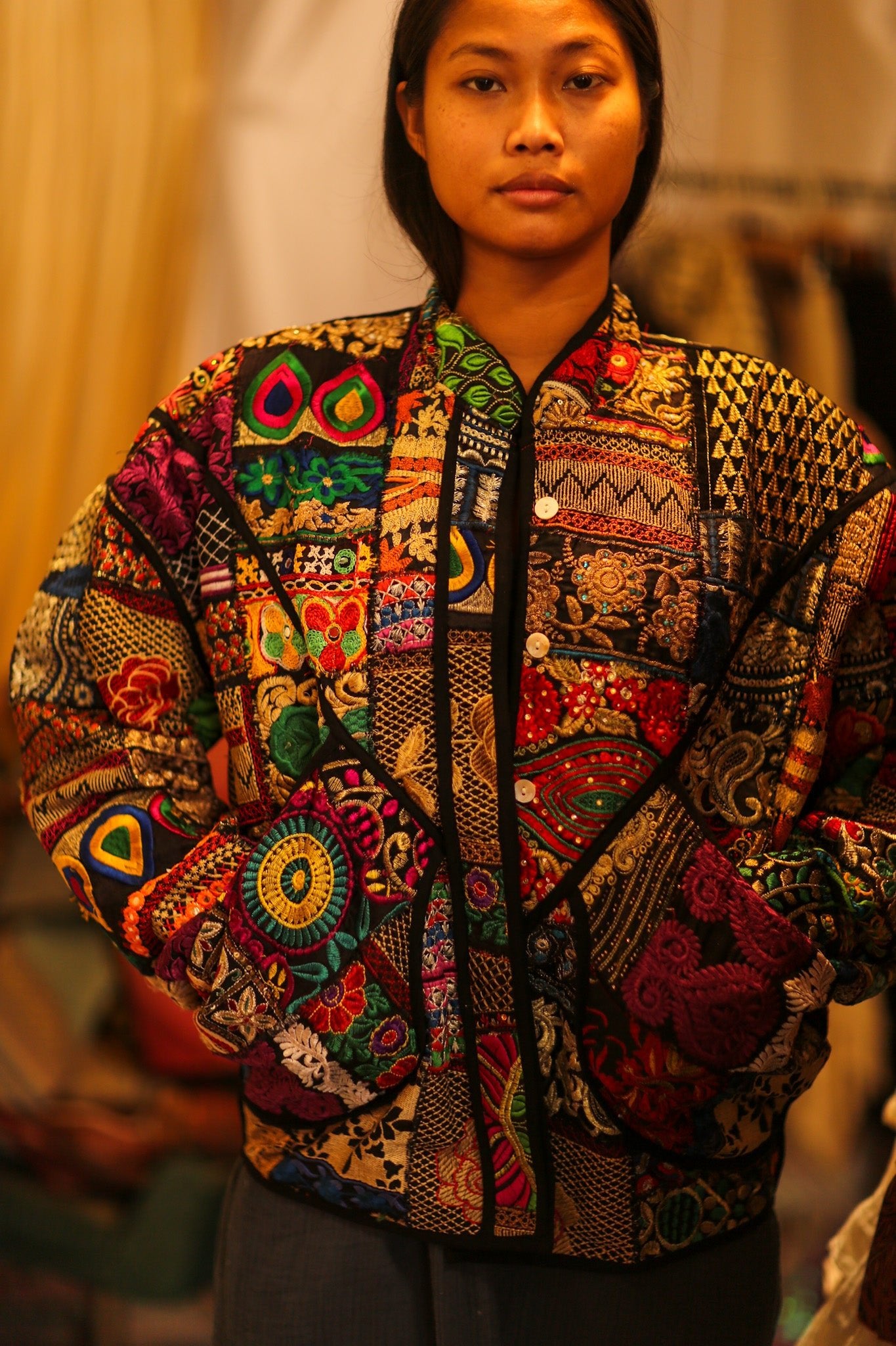 BLACK PATCHWORK JACKET FRINA - BANGKOK TAILOR CLOTHING STORE - HANDMADE CLOTHING