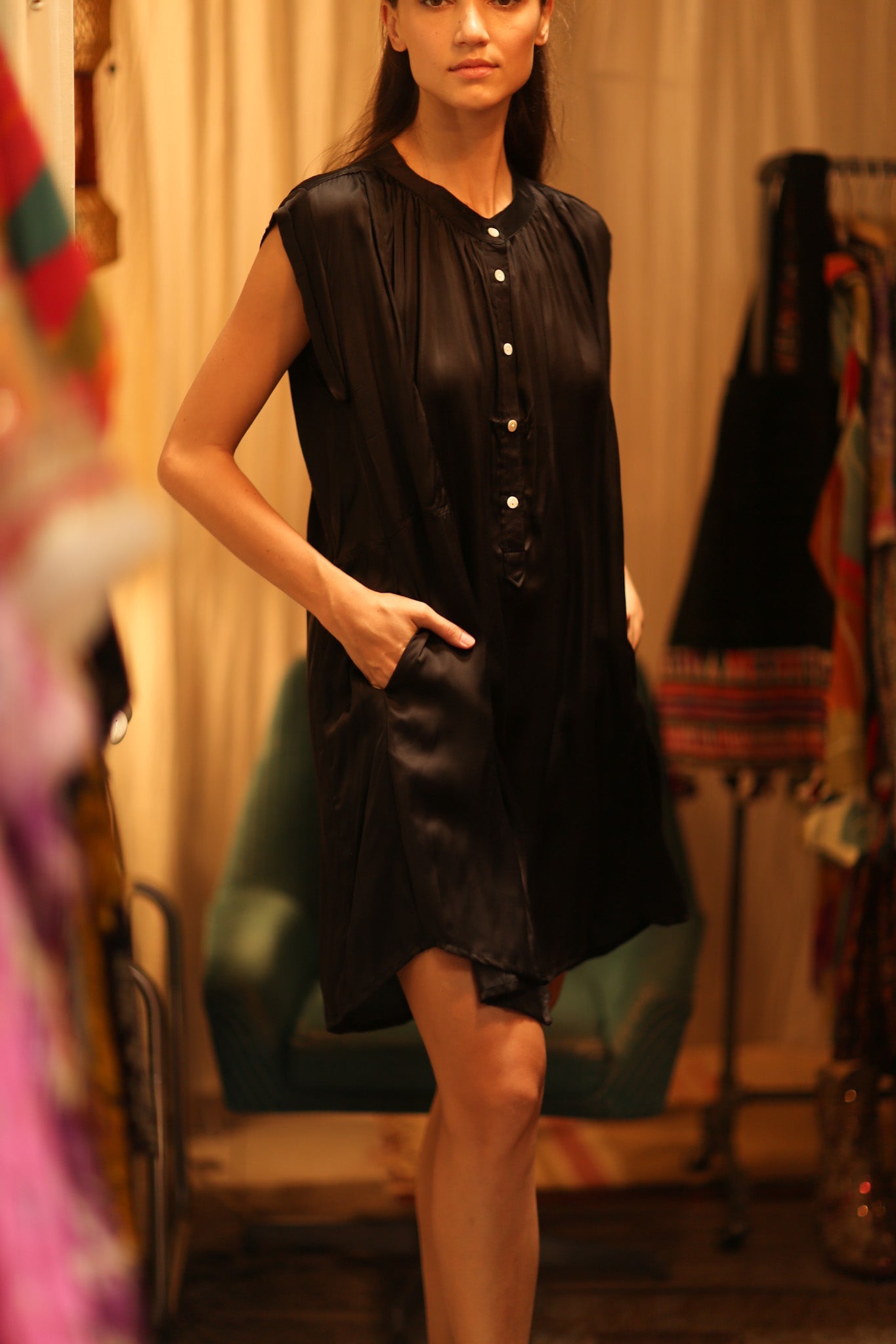 BLACK SILK DRESS MARY - BANGKOK TAILOR CLOTHING STORE - HANDMADE CLOTHING