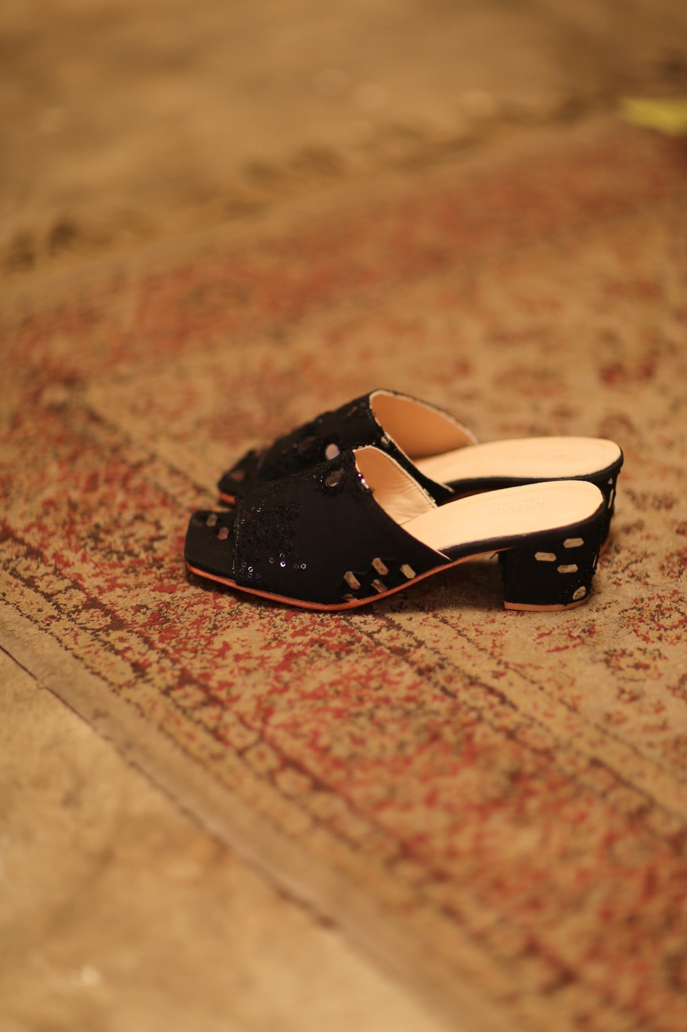 BLACK SILK EMBELLISHED MULES LENNY - BANGKOK TAILOR CLOTHING STORE - HANDMADE CLOTHING