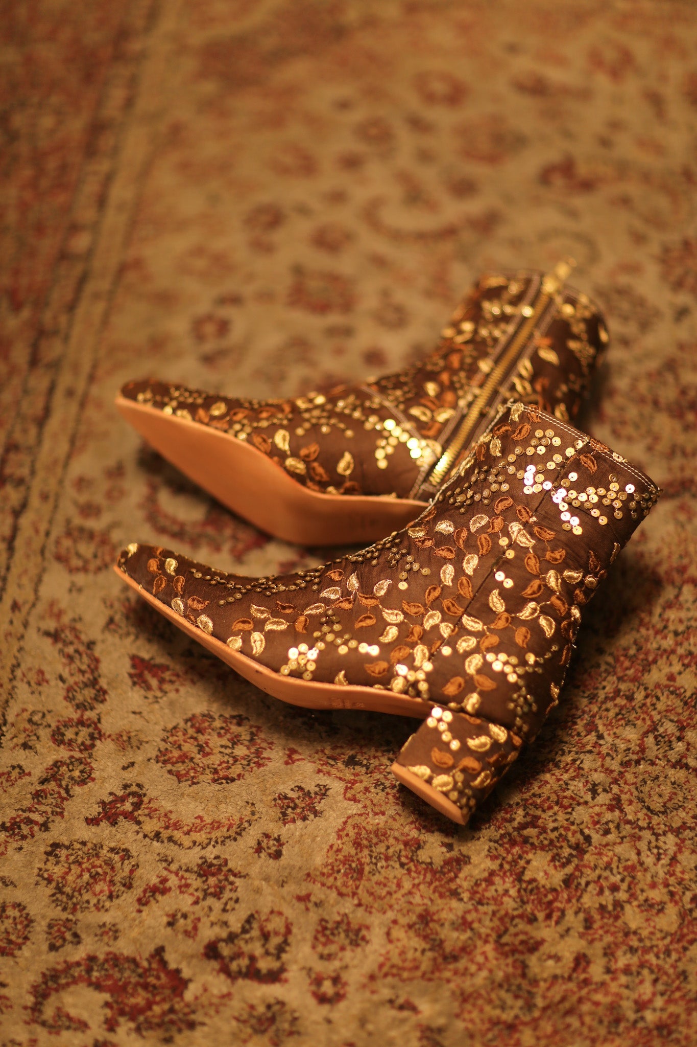 BROWN SEQUIN EMBROIDERED BOOTS - BANGKOK TAILOR CLOTHING STORE - HANDMADE CLOTHING