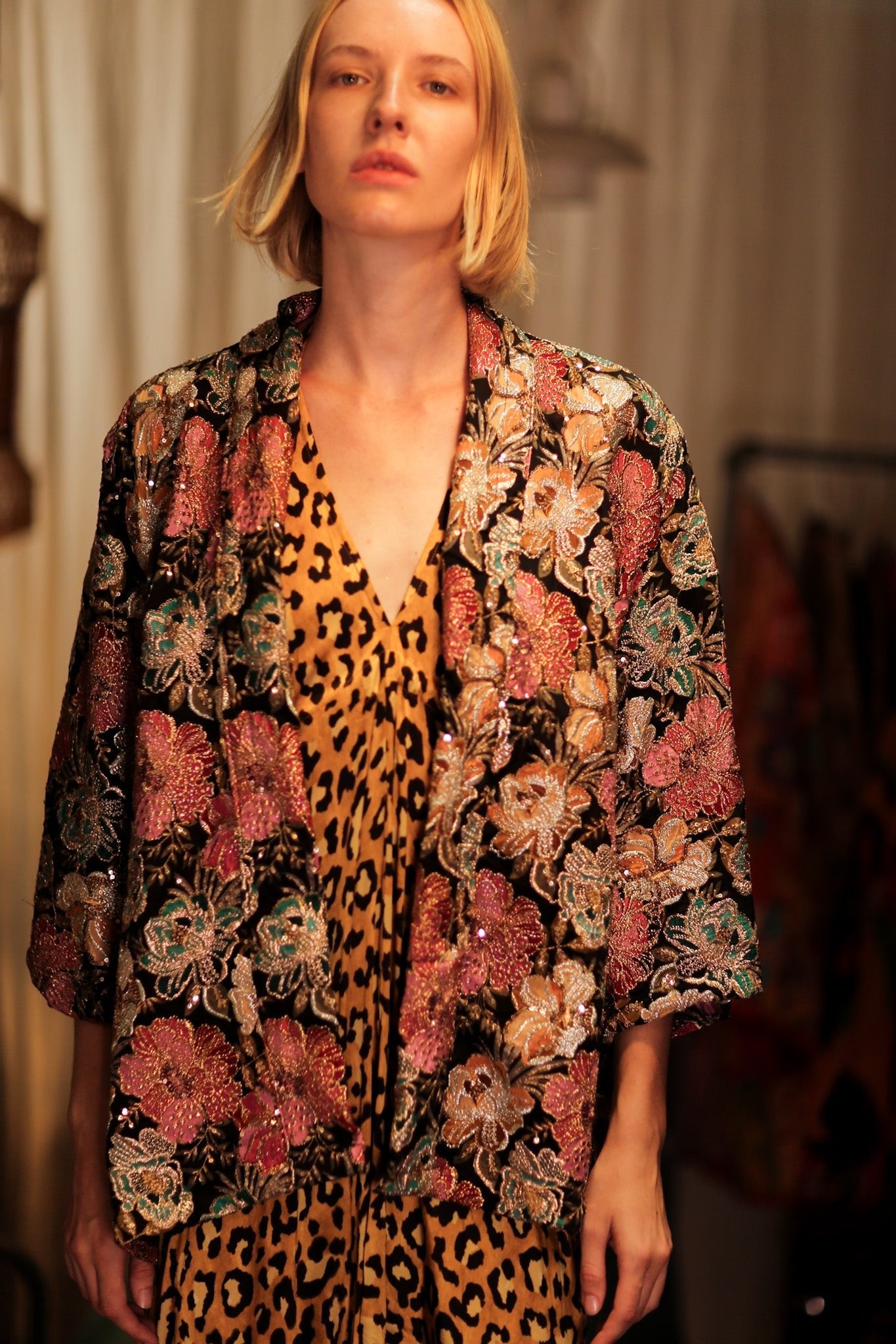 CARINE EMBROIDERED SILK KIMONO MULTI FLOWER - BANGKOK TAILOR CLOTHING STORE - HANDMADE CLOTHING