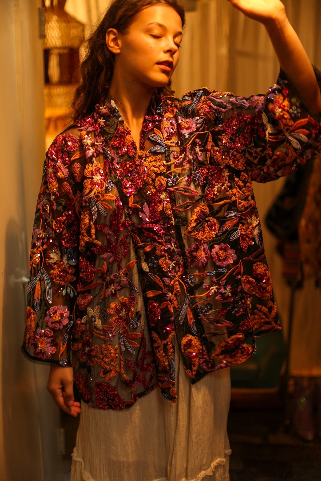 CARMEN SEQUINED EMBROIDERED SHORT KIMONO - BANGKOK TAILOR CLOTHING STORE - HANDMADE CLOTHING