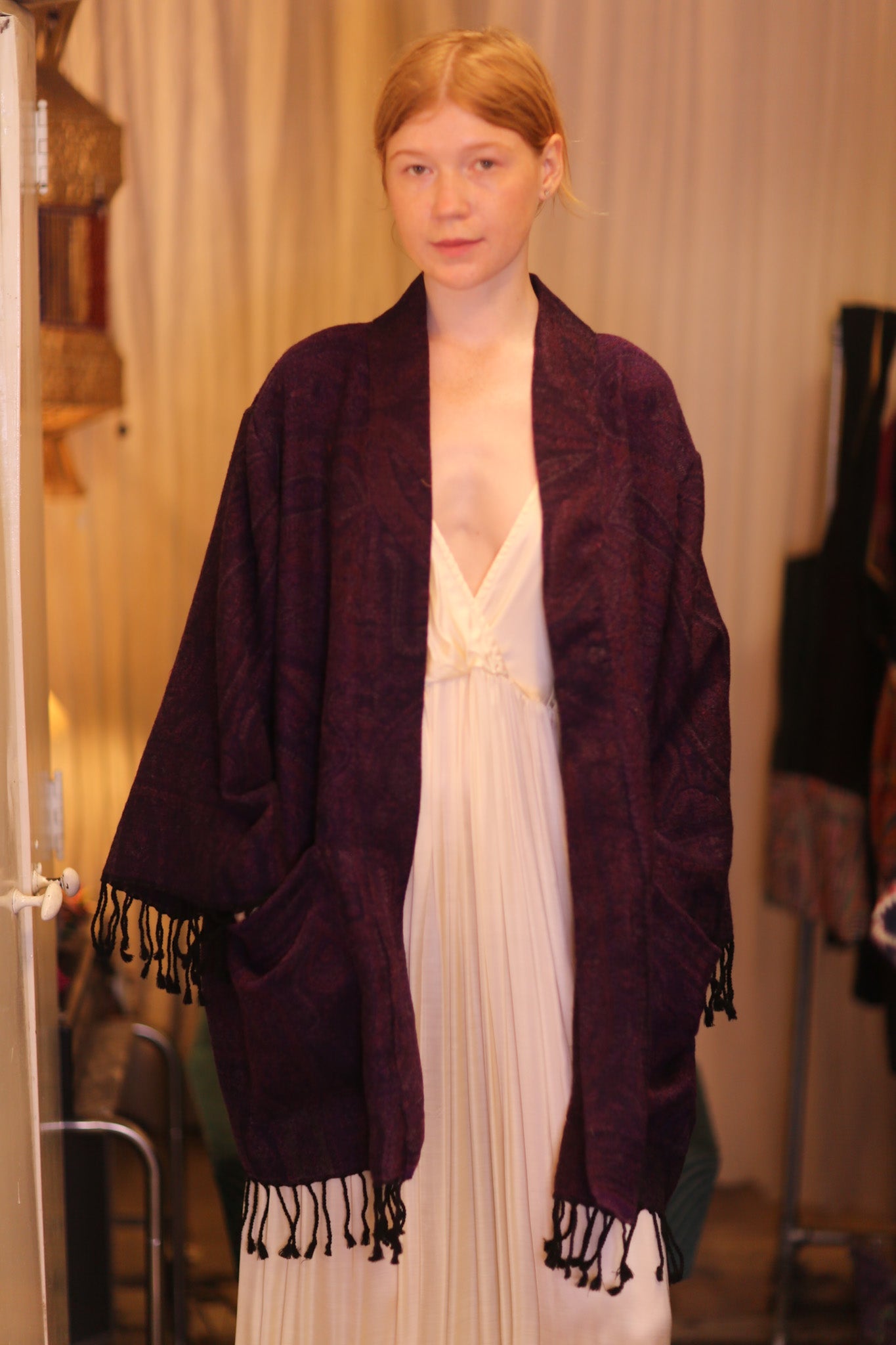 CONE PATTERN EMBROIDERED COTTON WOOL SHAWL THINZAR - BANGKOK TAILOR CLOTHING STORE - HANDMADE CLOTHING