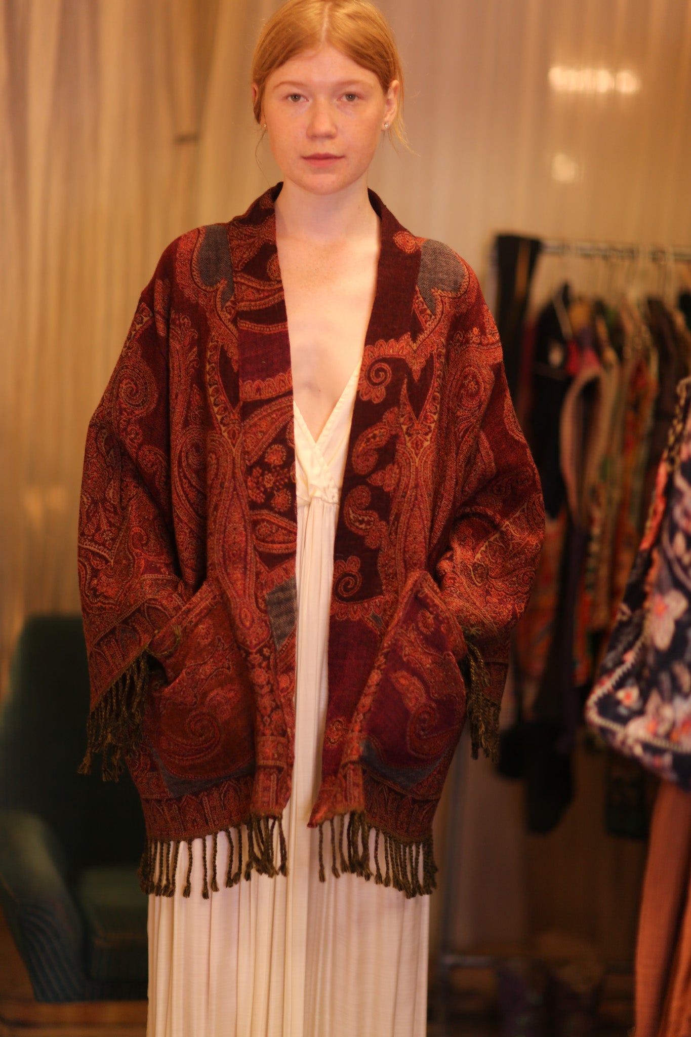 CONE PATTERN EMBROIDERED SHAWL COTTON WOOL HARMONY - BANGKOK TAILOR CLOTHING STORE - HANDMADE CLOTHING