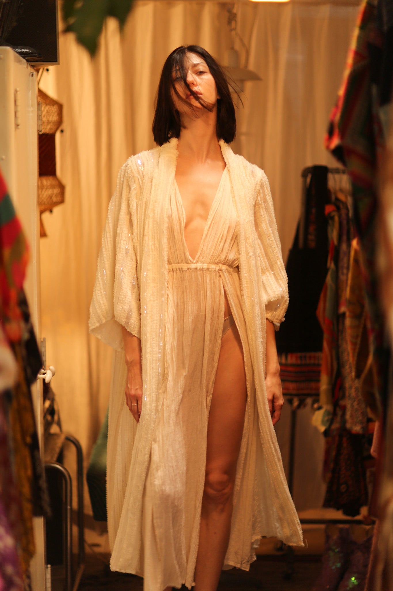 CREAM FRILL SEQUIN EMBROIDERED ISAI - BANGKOK TAILOR CLOTHING STORE - HANDMADE CLOTHING