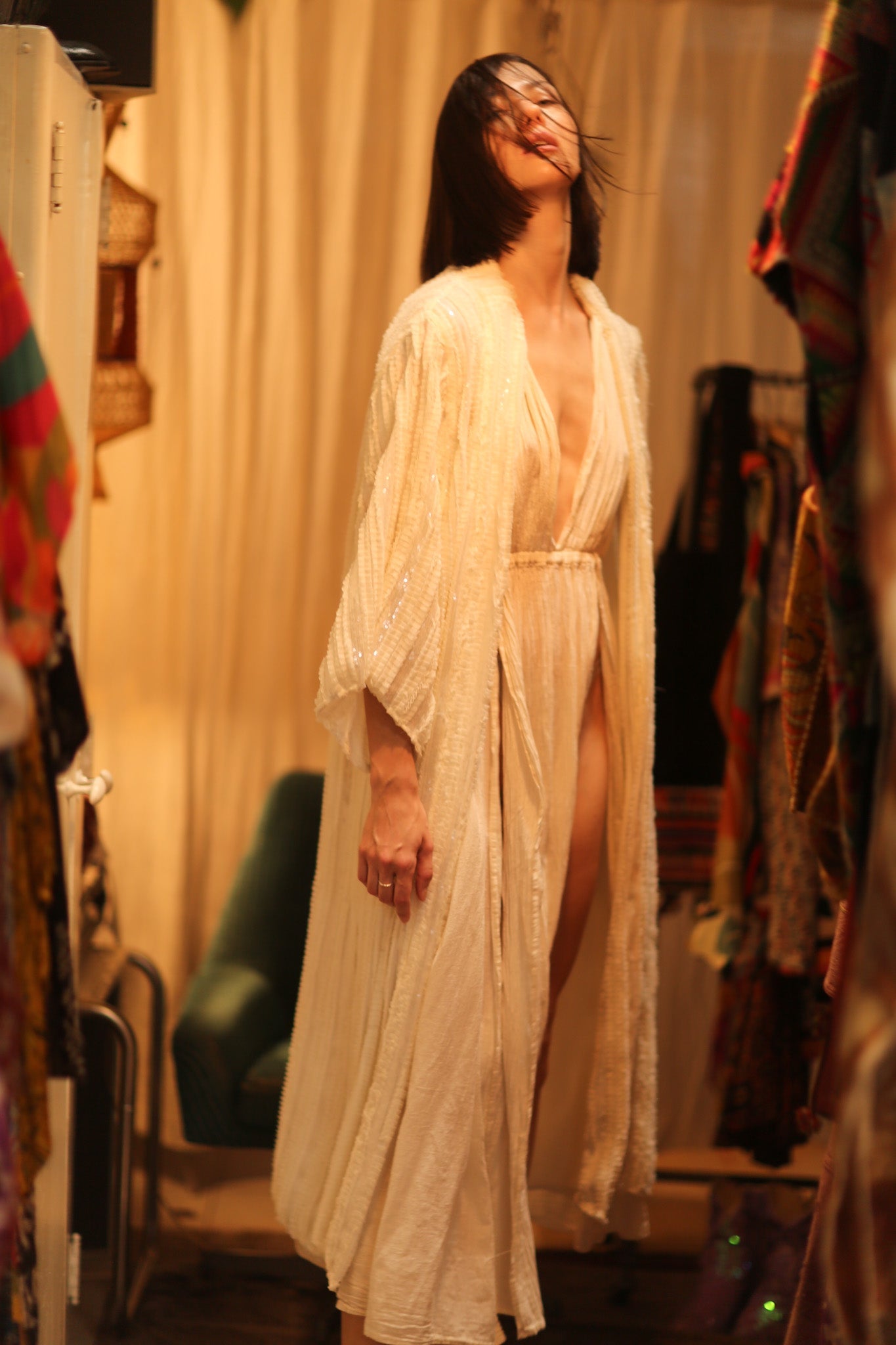 CREAM FRILL SEQUIN EMBROIDERED ISAI - BANGKOK TAILOR CLOTHING STORE - HANDMADE CLOTHING