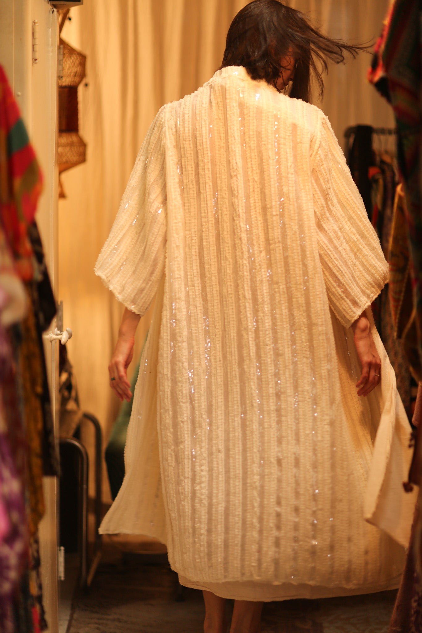 CREAM FRILL SEQUIN EMBROIDERED ISAI - BANGKOK TAILOR CLOTHING STORE - HANDMADE CLOTHING