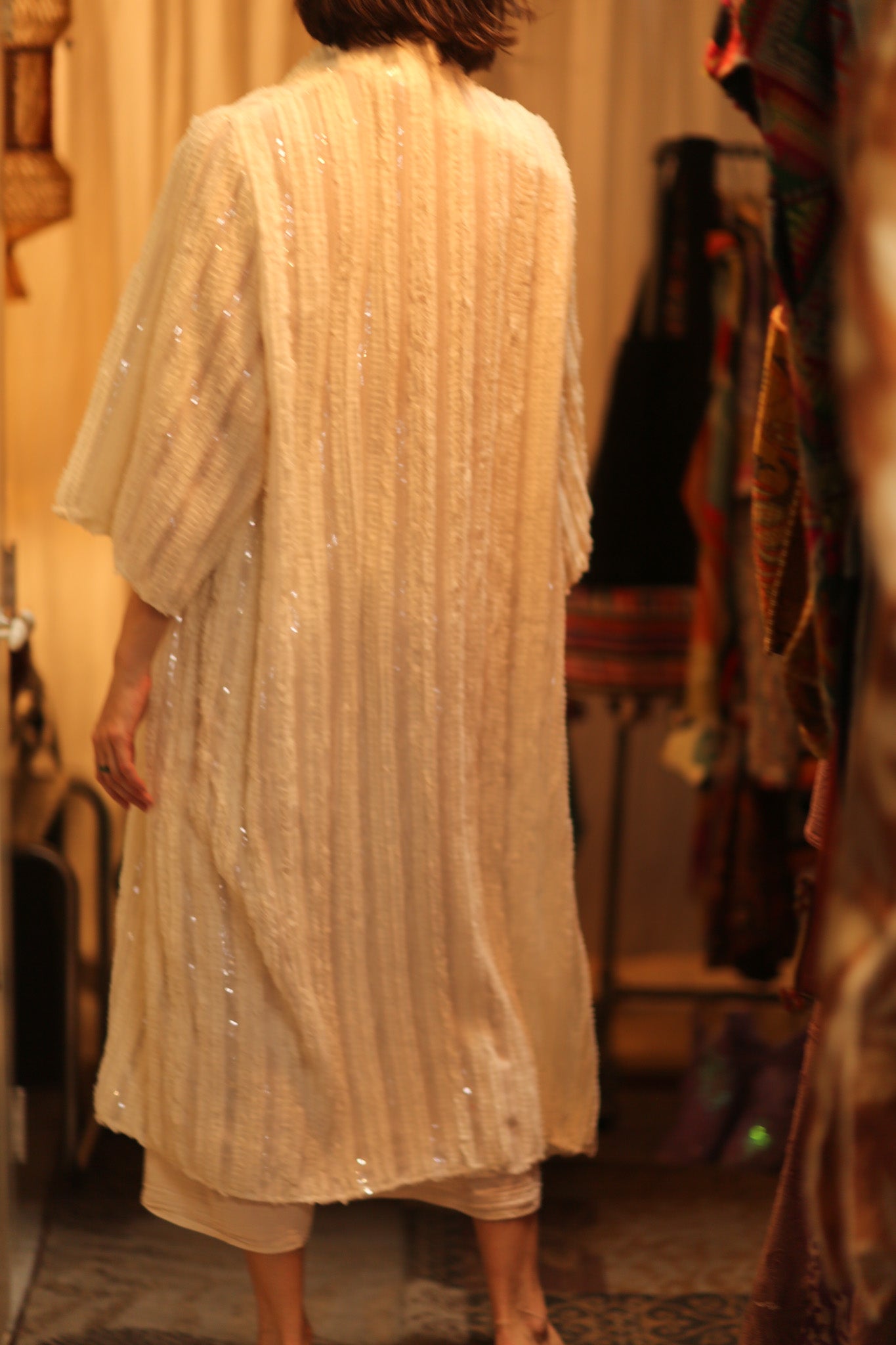 CREAM FRILL SEQUIN EMBROIDERED ISAI - BANGKOK TAILOR CLOTHING STORE - HANDMADE CLOTHING