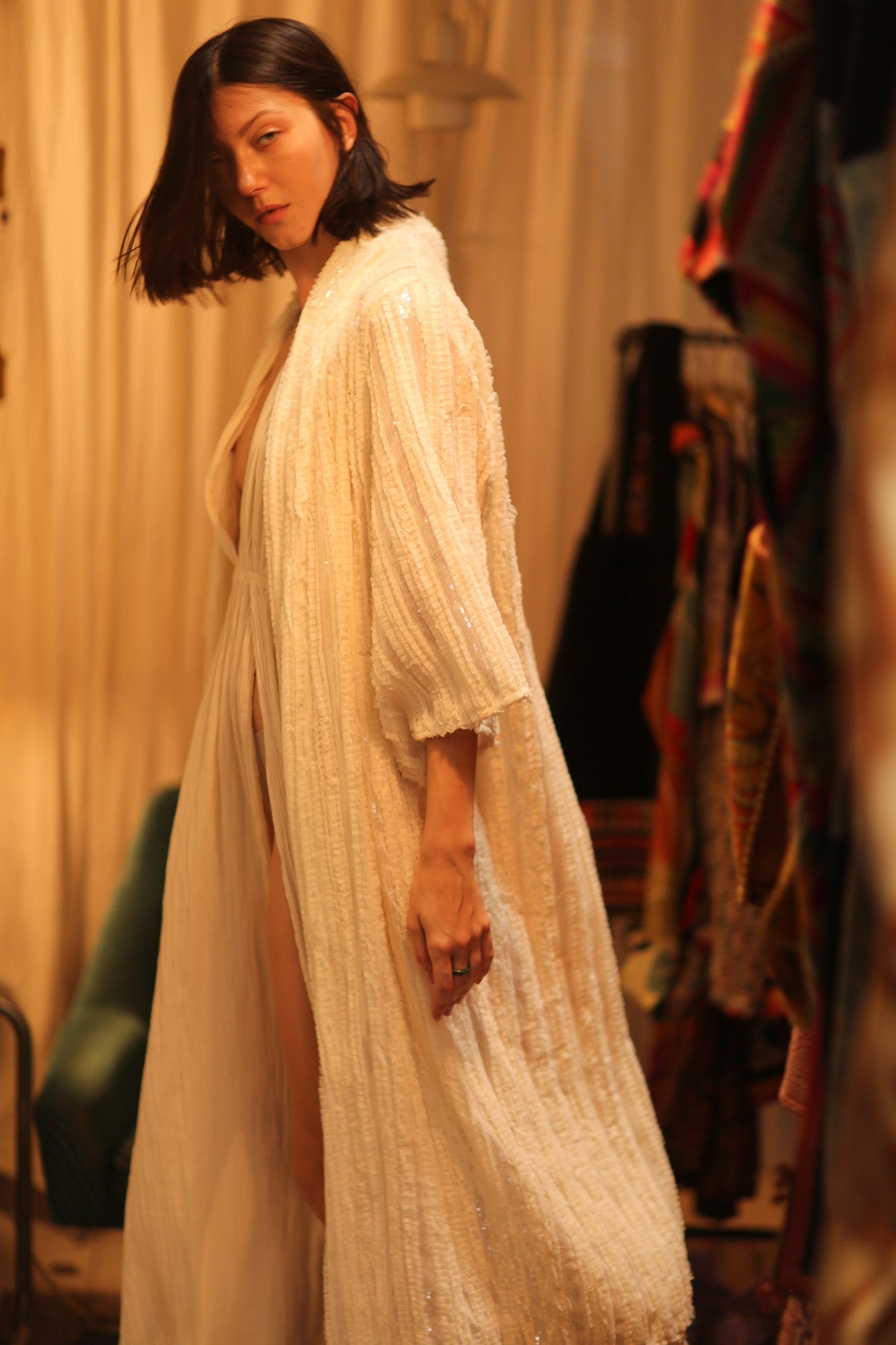 CREAM FRILL SEQUIN EMBROIDERED ISAI - BANGKOK TAILOR CLOTHING STORE - HANDMADE CLOTHING