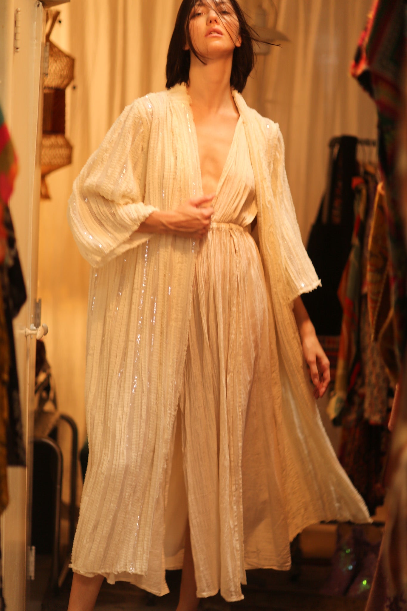 CREAM FRILL SEQUIN EMBROIDERED ISAI - BANGKOK TAILOR CLOTHING STORE - HANDMADE CLOTHING