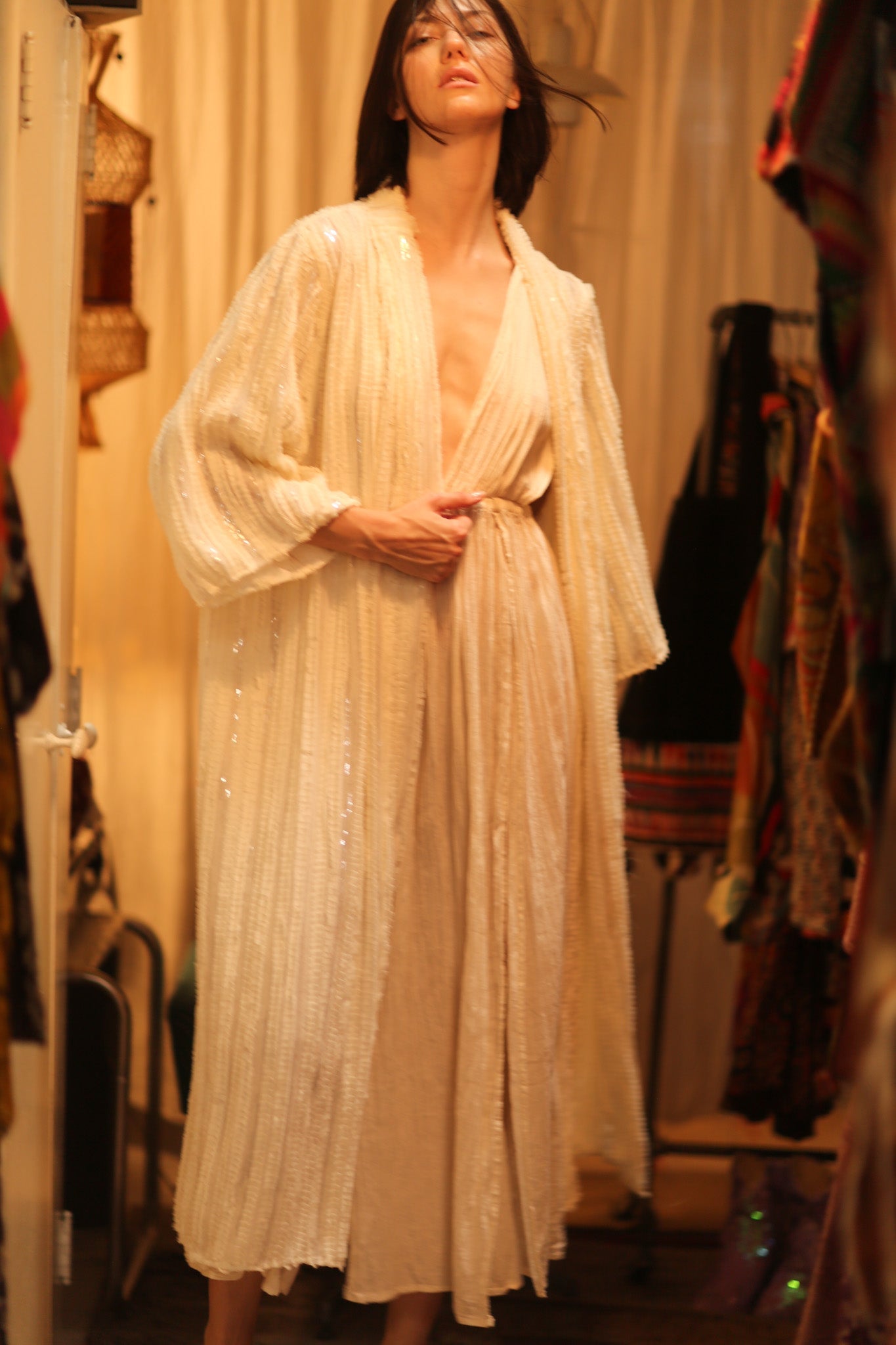 CREAM FRILL SEQUIN EMBROIDERED ISAI - BANGKOK TAILOR CLOTHING STORE - HANDMADE CLOTHING