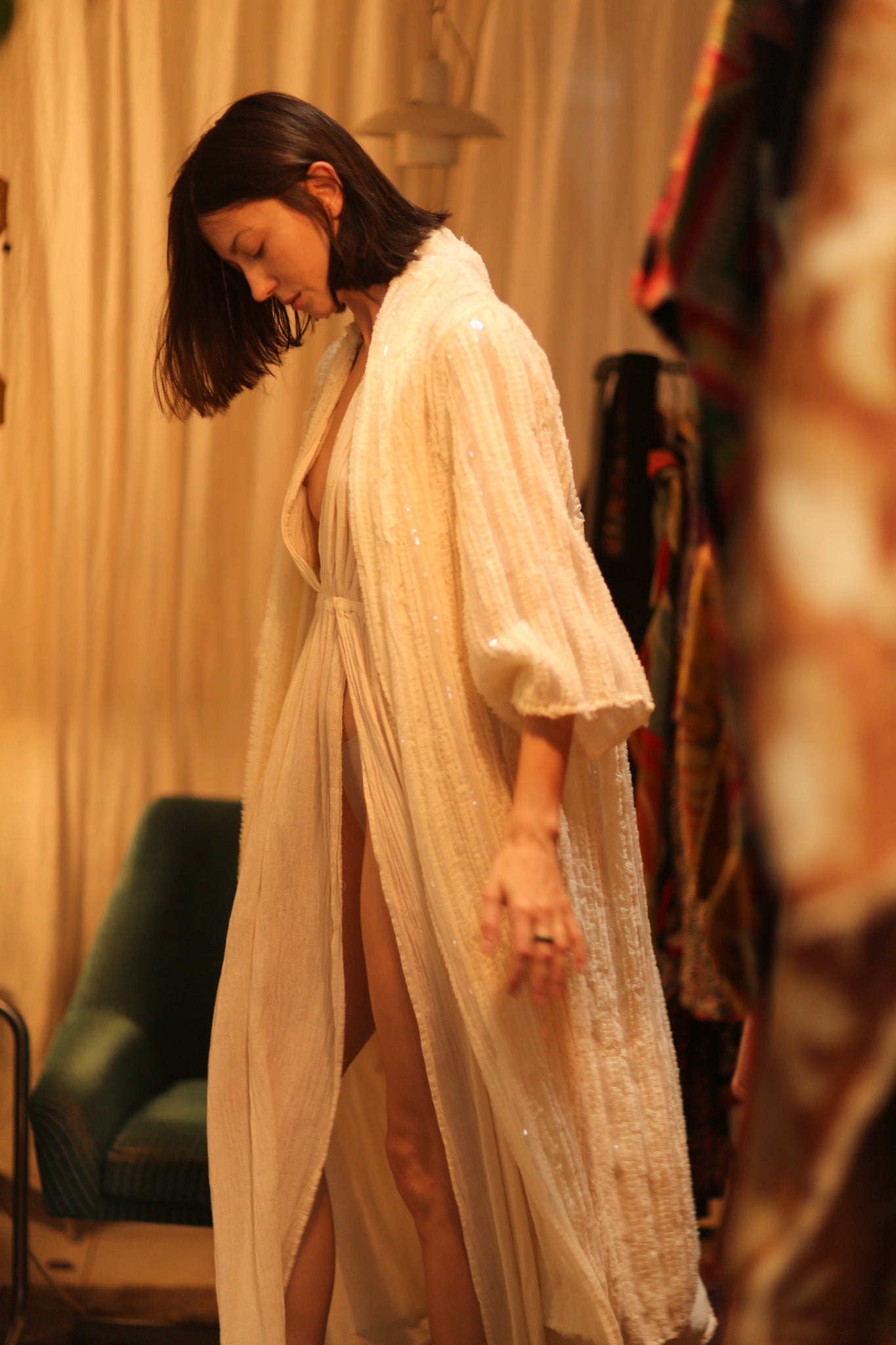 CREAM FRILL SEQUIN EMBROIDERED ISAI - BANGKOK TAILOR CLOTHING STORE - HANDMADE CLOTHING