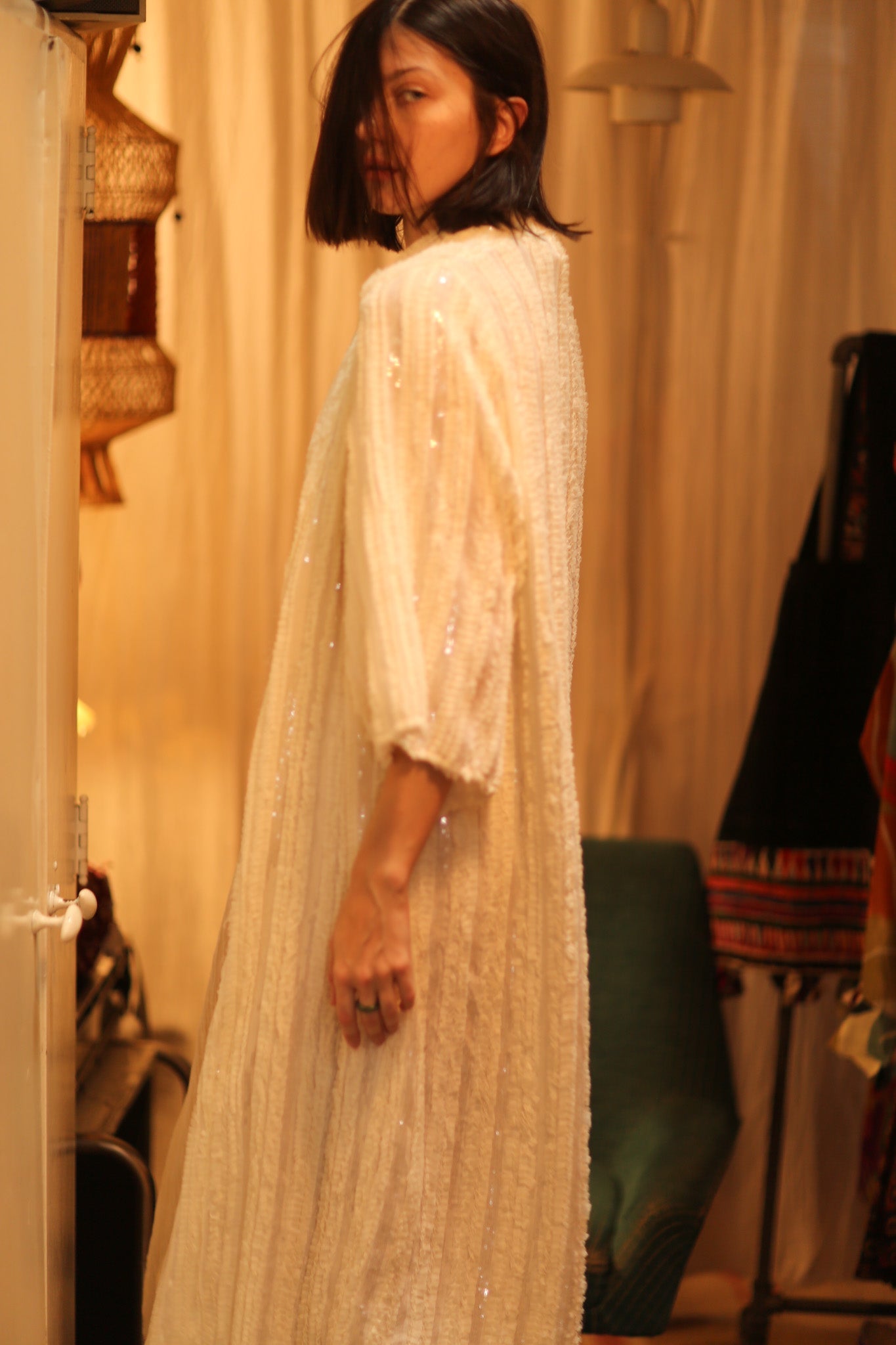 CREAM FRILL SEQUIN EMBROIDERED ISAI - BANGKOK TAILOR CLOTHING STORE - HANDMADE CLOTHING