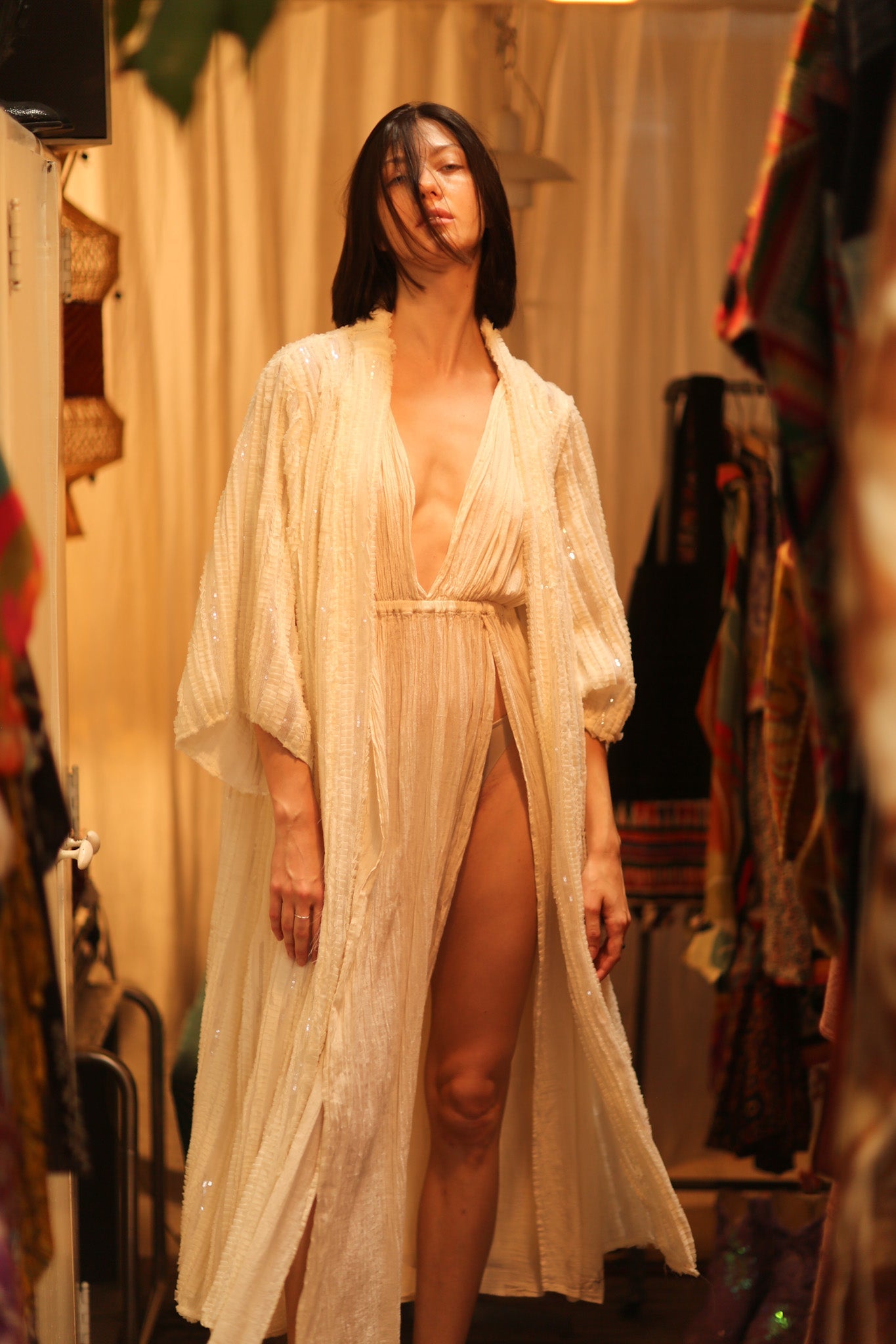 CREAM FRILL SEQUIN EMBROIDERED ISAI - BANGKOK TAILOR CLOTHING STORE - HANDMADE CLOTHING