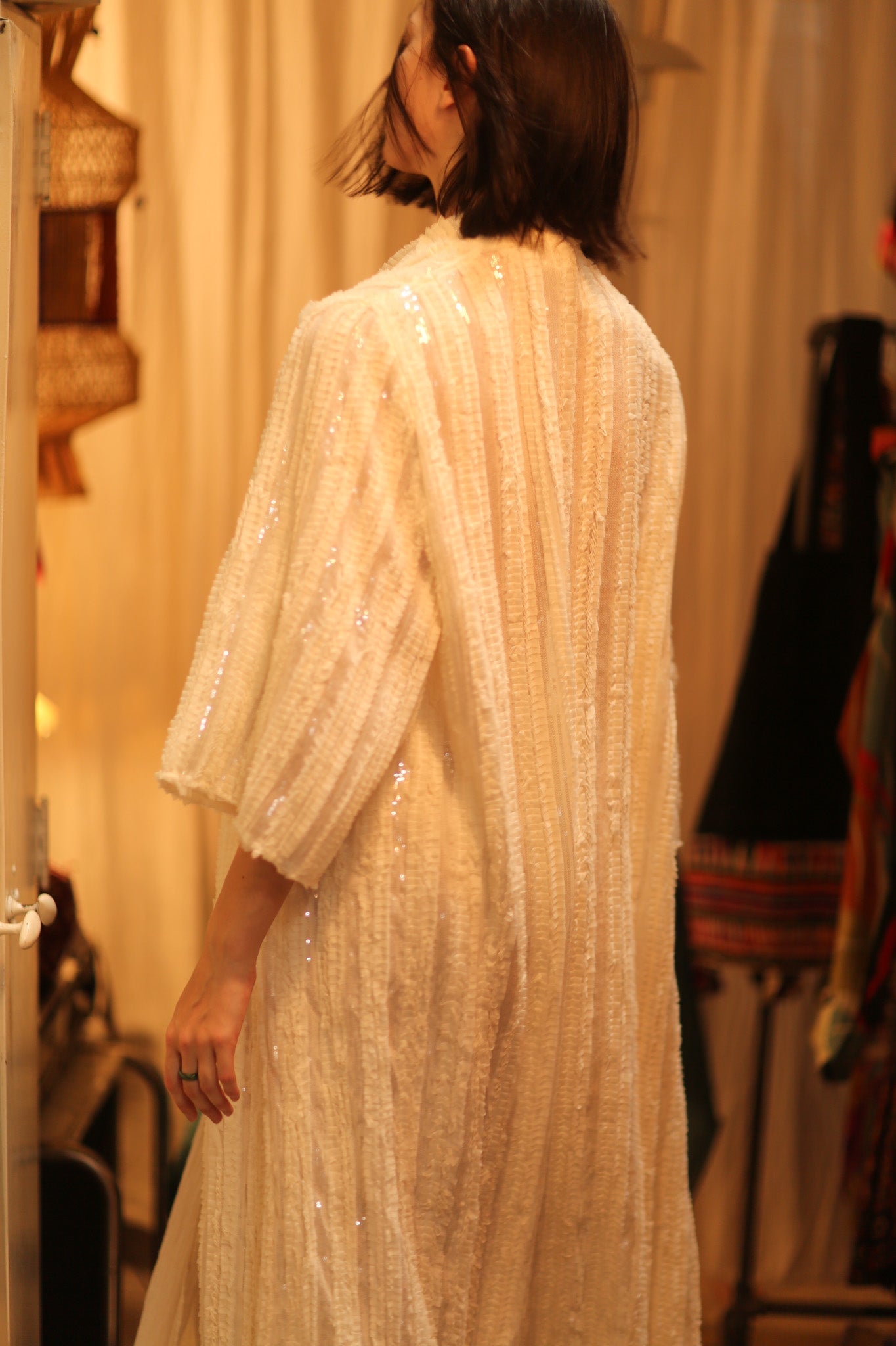 CREAM FRILL SEQUIN EMBROIDERED ISAI - BANGKOK TAILOR CLOTHING STORE - HANDMADE CLOTHING