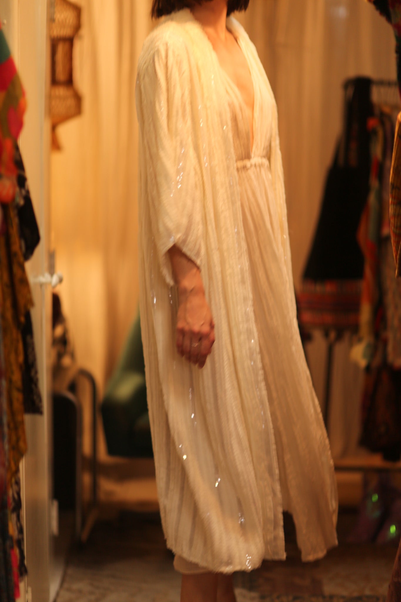 CREAM FRILL SEQUIN EMBROIDERED ISAI - BANGKOK TAILOR CLOTHING STORE - HANDMADE CLOTHING