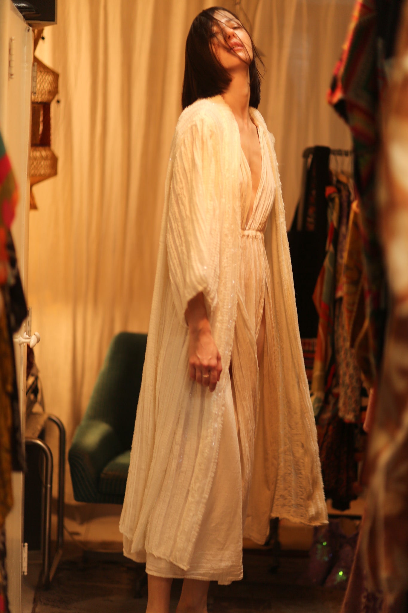 CREAM FRILL SEQUIN EMBROIDERED ISAI - BANGKOK TAILOR CLOTHING STORE - HANDMADE CLOTHING