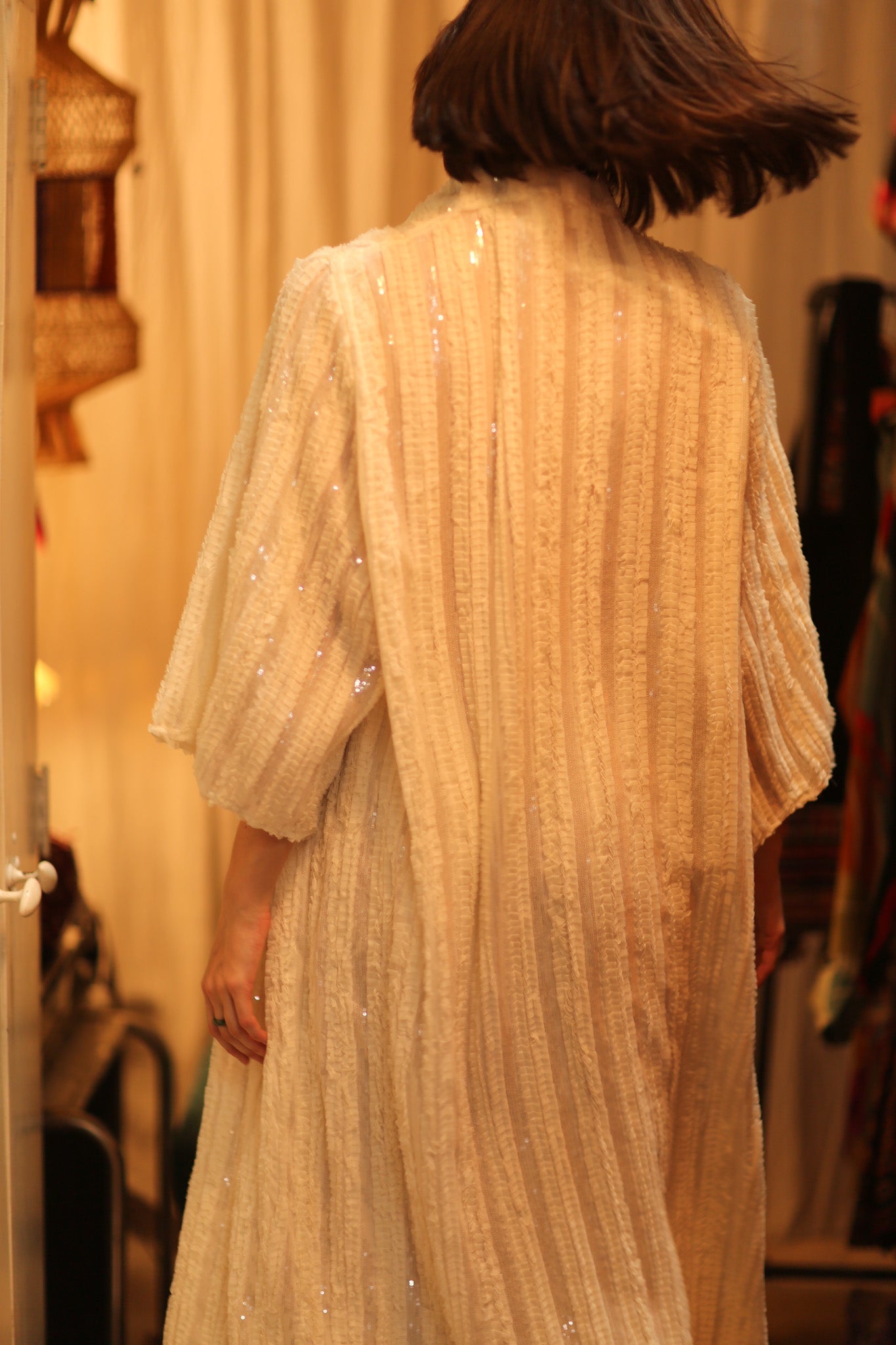 CREAM FRILL SEQUIN EMBROIDERED ISAI - BANGKOK TAILOR CLOTHING STORE - HANDMADE CLOTHING