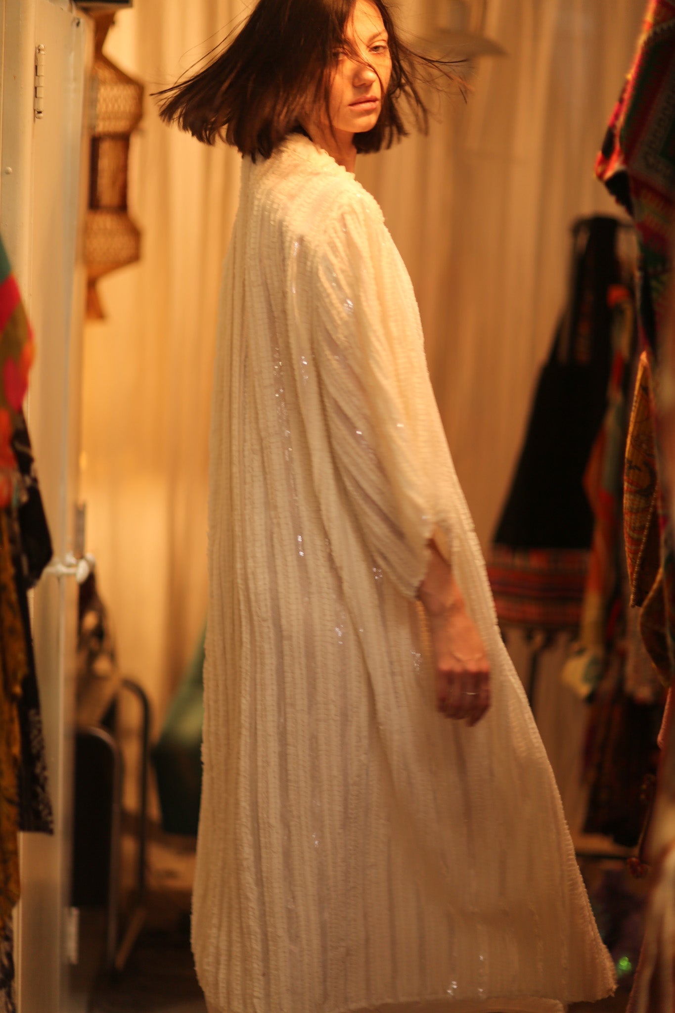 CREAM FRILL SEQUIN EMBROIDERED ISAI - BANGKOK TAILOR CLOTHING STORE - HANDMADE CLOTHING