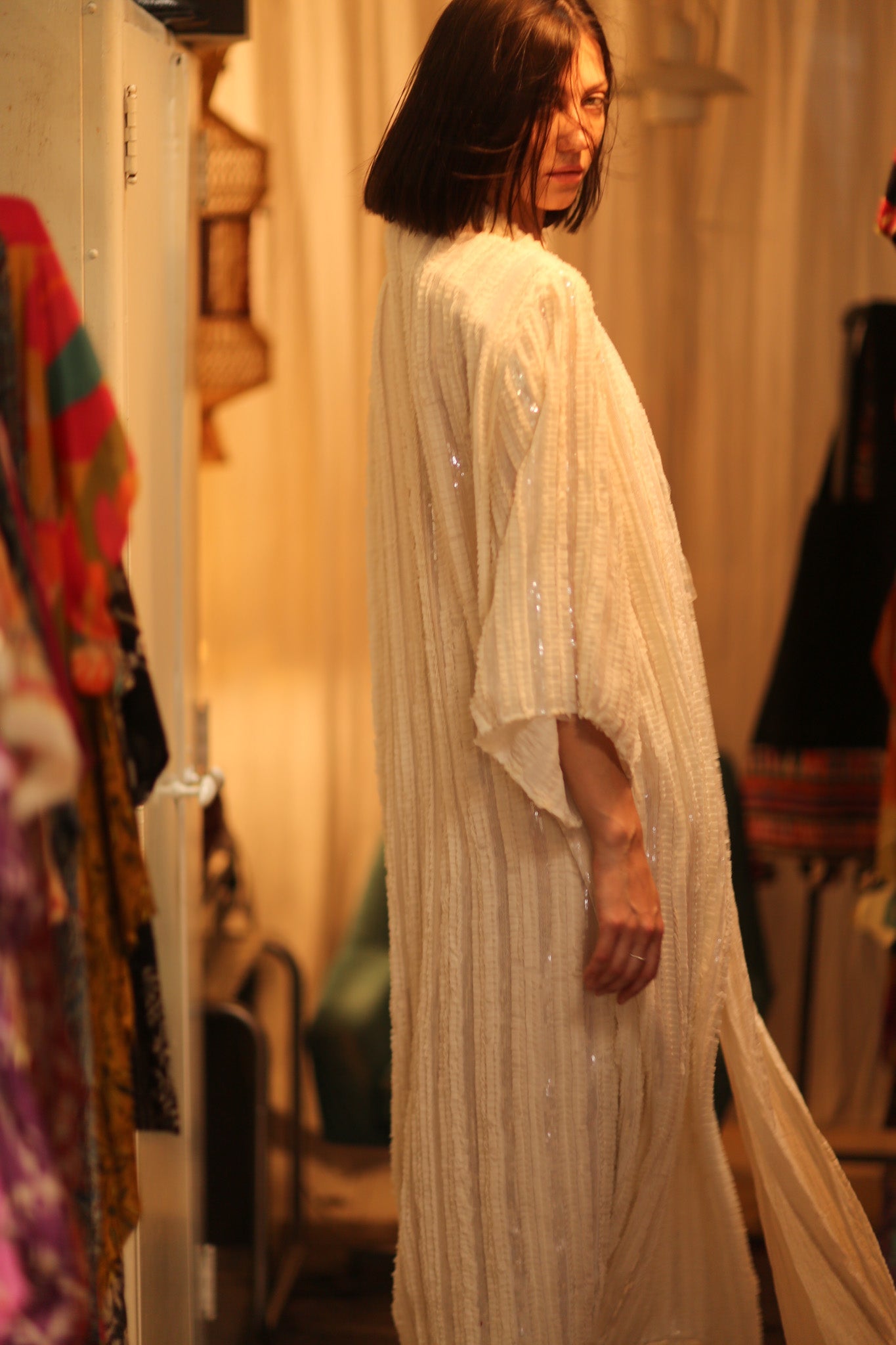CREAM FRILL SEQUIN EMBROIDERED ISAI - BANGKOK TAILOR CLOTHING STORE - HANDMADE CLOTHING