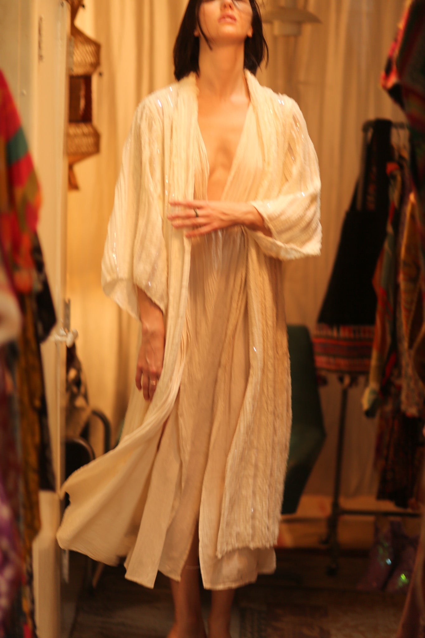 CREAM FRILL SEQUIN EMBROIDERED ISAI - BANGKOK TAILOR CLOTHING STORE - HANDMADE CLOTHING