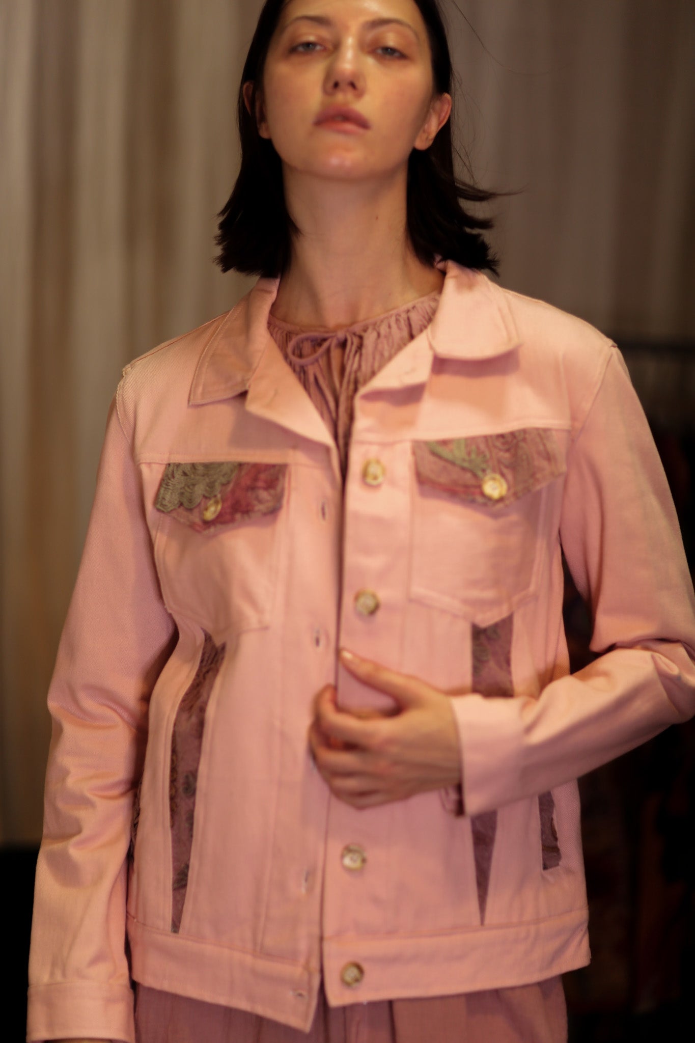 DENIM JACKET WITH SUZANI EMBROIDERY CANDY FLOSS - BANGKOK TAILOR CLOTHING STORE - HANDMADE CLOTHING