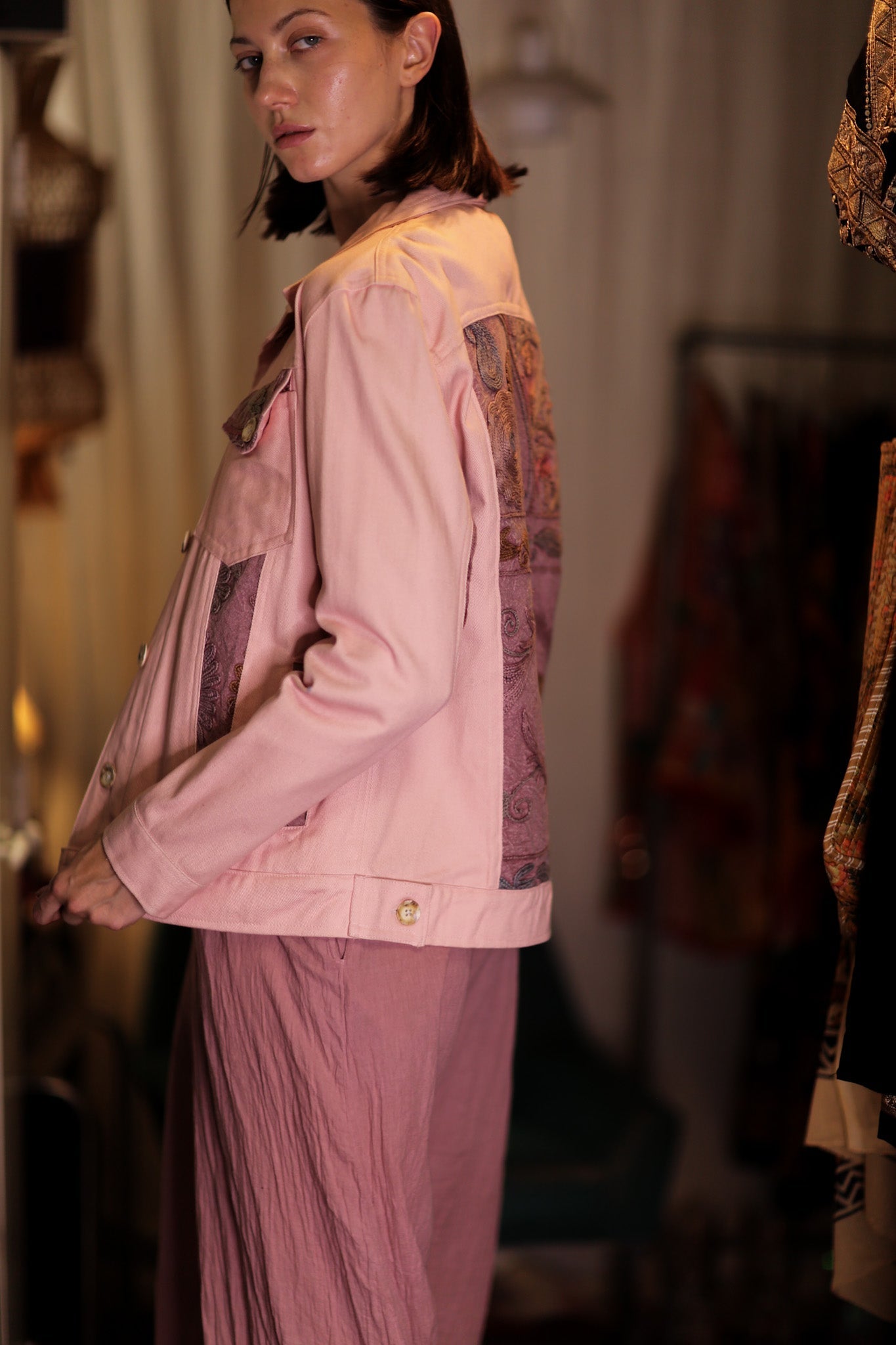 DENIM JACKET WITH SUZANI EMBROIDERY CANDY FLOSS - BANGKOK TAILOR CLOTHING STORE - HANDMADE CLOTHING