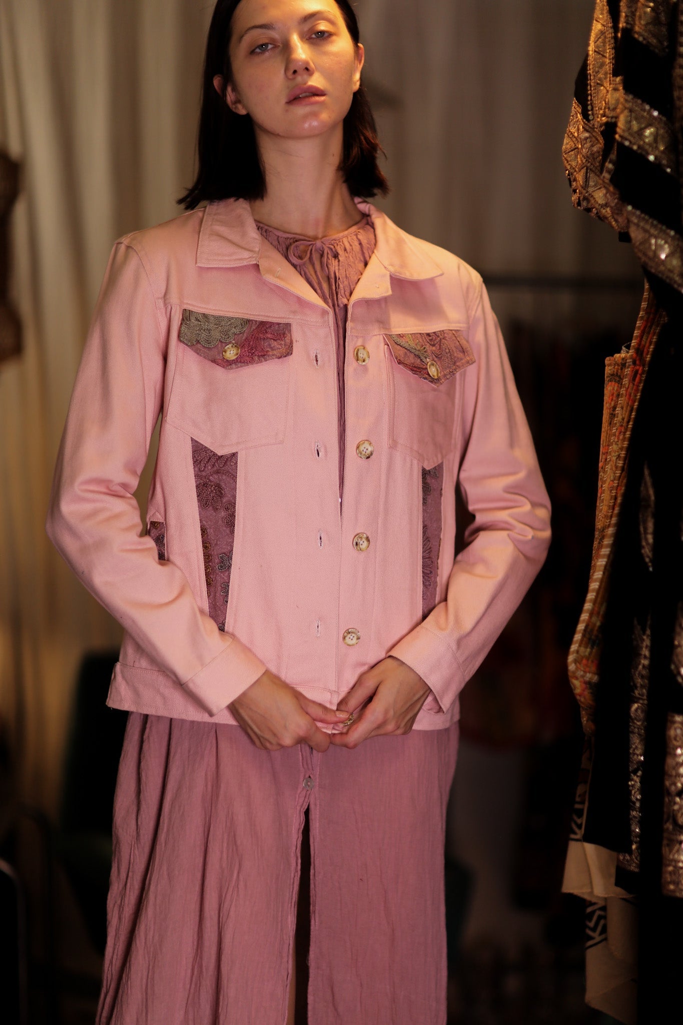 DENIM JACKET WITH SUZANI EMBROIDERY CANDY FLOSS - BANGKOK TAILOR CLOTHING STORE - HANDMADE CLOTHING